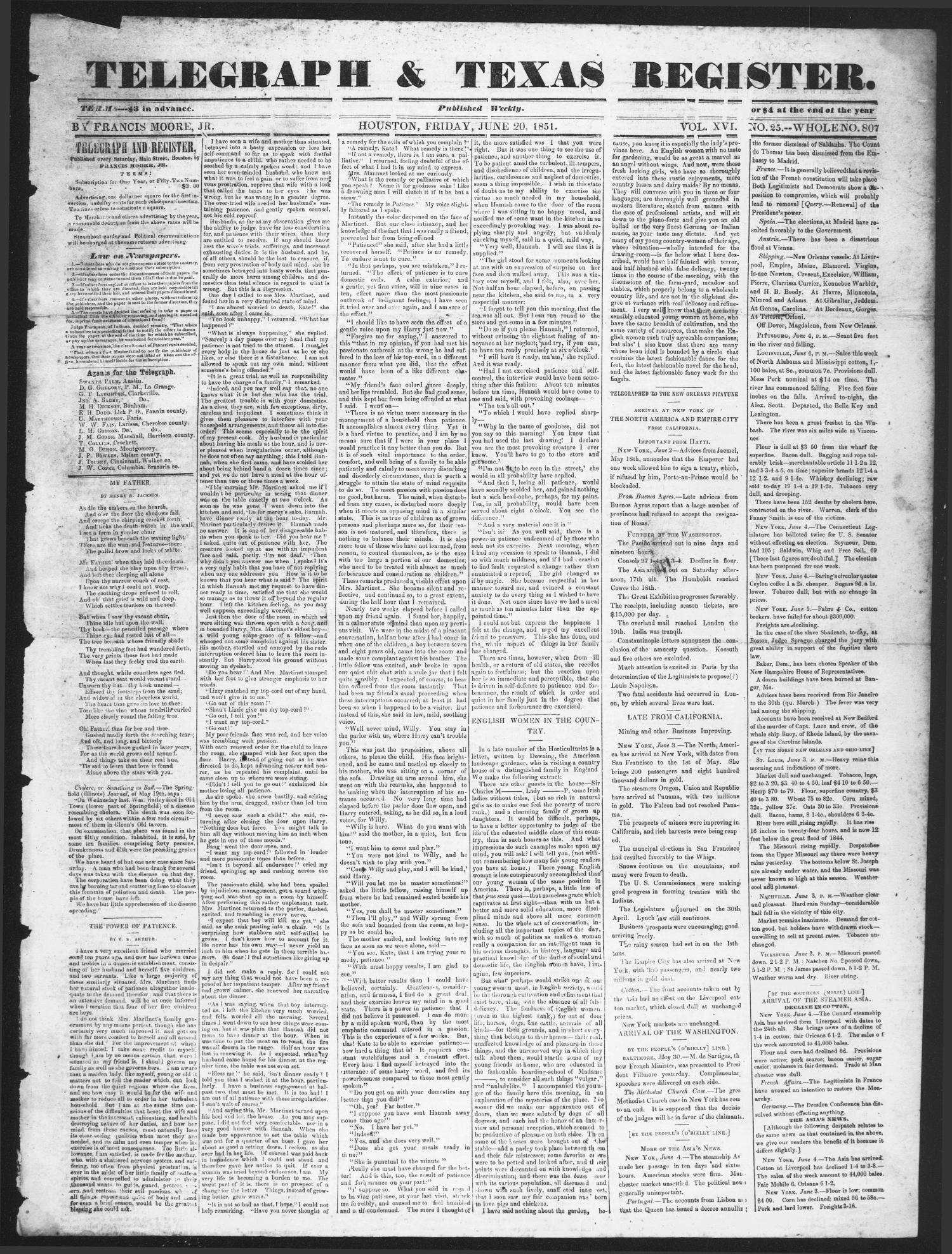 Telegraph & Texas Register (Houston, Tex.), Vol. 16, No. 25, Ed. 1 Friday, June 20, 1851
                                                
                                                    [Sequence #]: 1 of 4
                                                