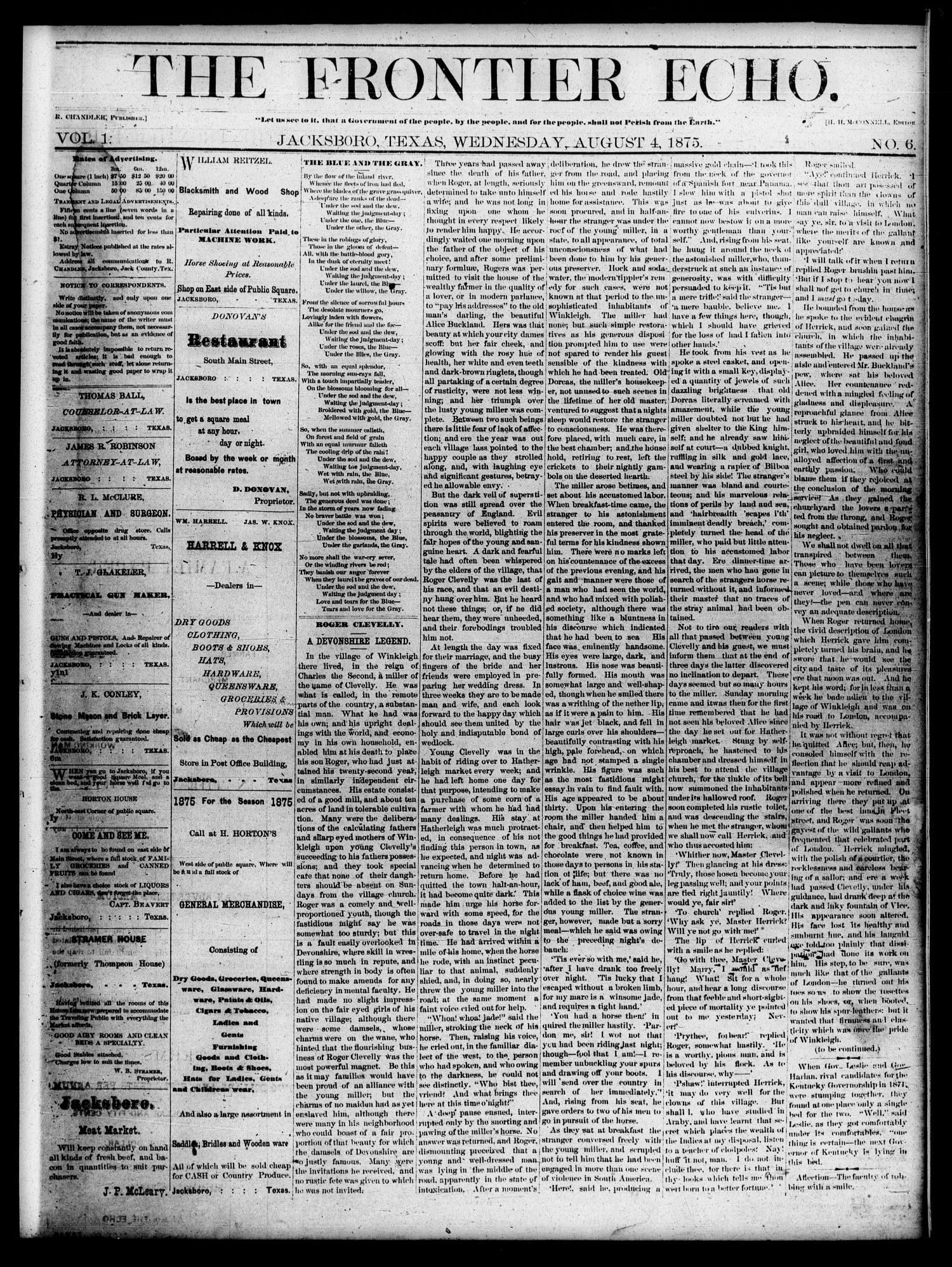 The Frontier Echo (Jacksboro, Tex.), Vol. 1, No. 6, Ed. 1 Wednesday, August 4, 1875
                                                
                                                    [Sequence #]: 1 of 4
                                                