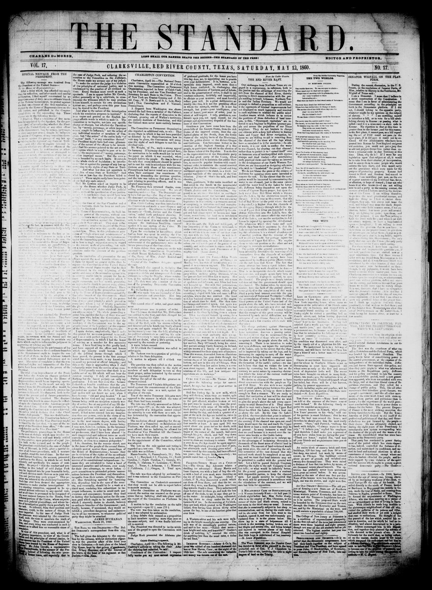 The Standard. (Clarksville, Tex.), Vol. 17, No. 17, Ed. 1 Saturday, May 12, 1860
                                                
                                                    [Sequence #]: 1 of 3
                                                