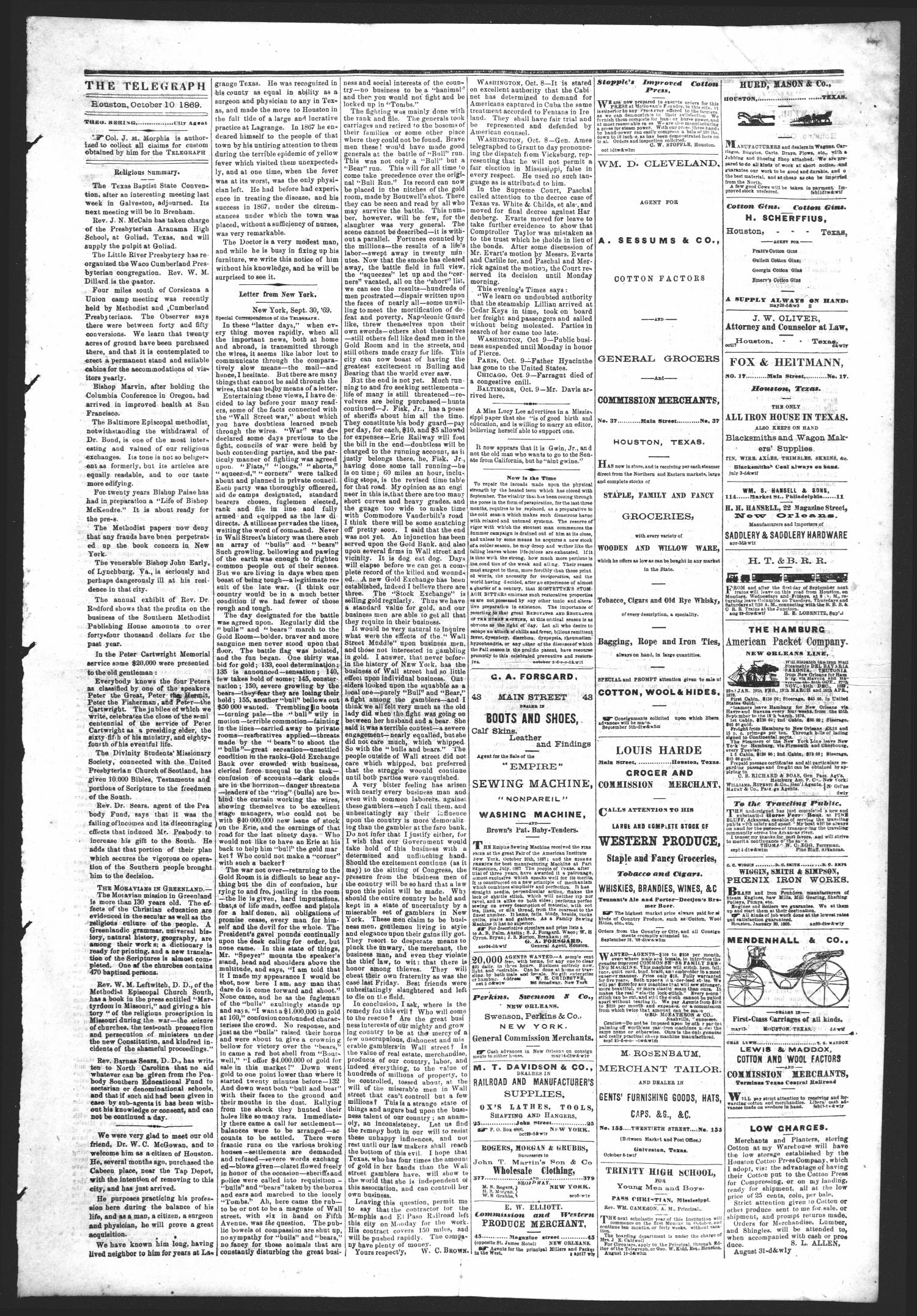 The Houston Telegraph (Houston, Tex.), Vol. 35, No. 25, Ed. 1 Thursday, October 14, 1869
                                                
                                                    [Sequence #]: 3 of 8
                                                