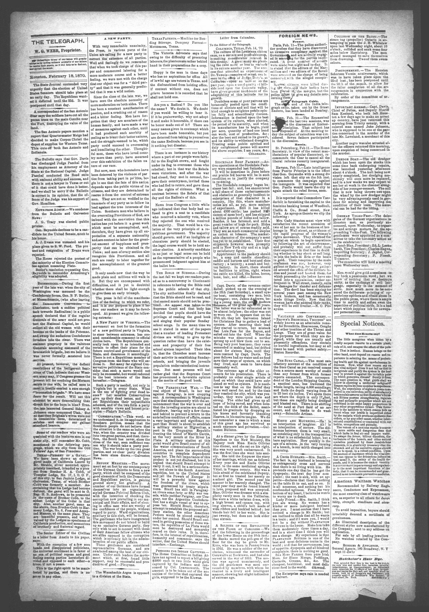 The Houston Telegraph (Houston, Tex.), Vol. 35, No. 48, Ed. 1 Thursday, February 24, 1870
                                                
                                                    [Sequence #]: 2 of 8
                                                