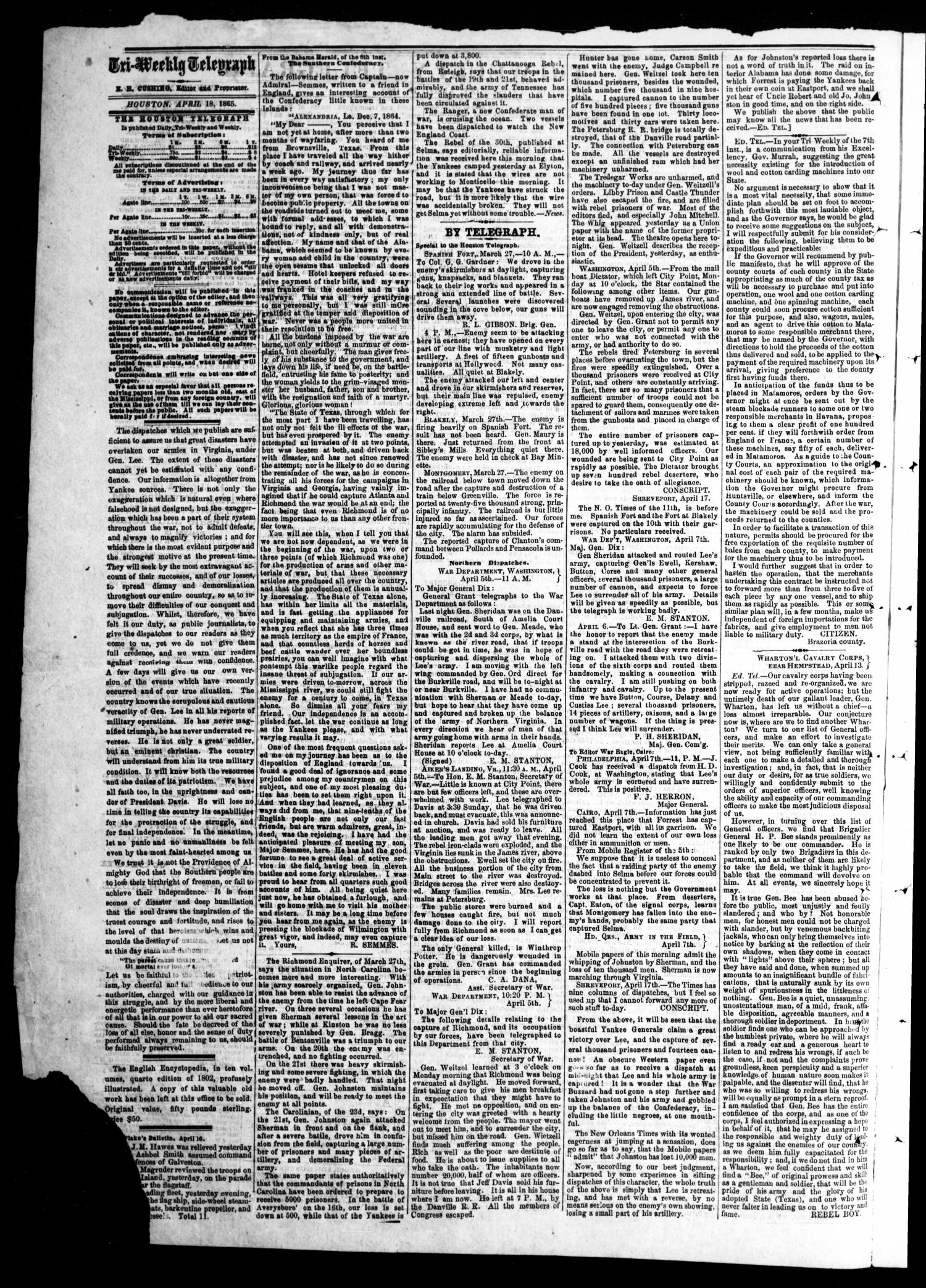 The Houston Tri-Weekly Telegraph (Houston, Tex.), Vol. 31, No. 11, Ed. 1 Wednesday, April 19, 1865
                                                
                                                    [Sequence #]: 2 of 4
                                                