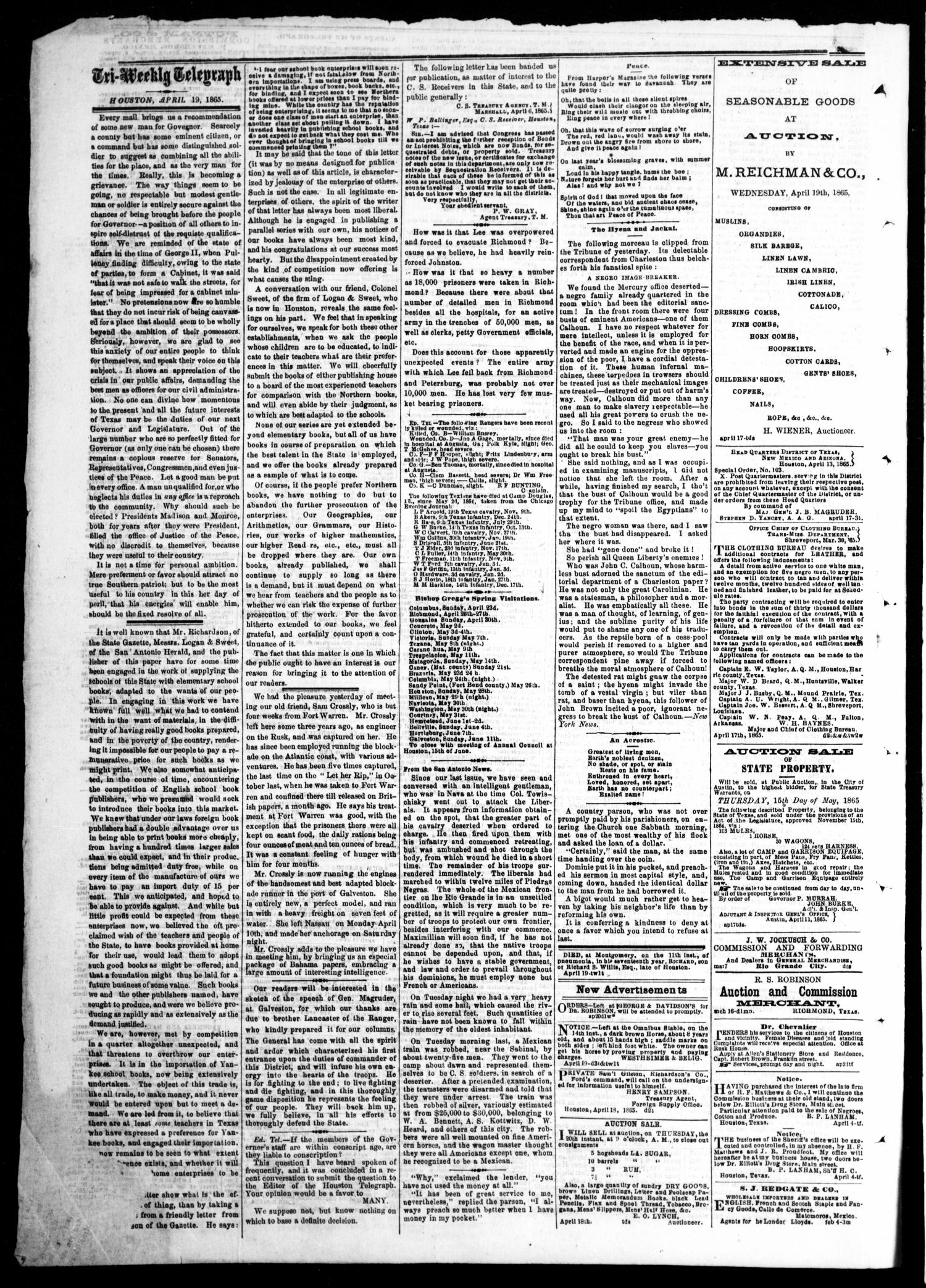 The Houston Tri-Weekly Telegraph (Houston, Tex.), Vol. 31, No. 11, Ed. 1 Wednesday, April 19, 1865
                                                
                                                    [Sequence #]: 4 of 4
                                                