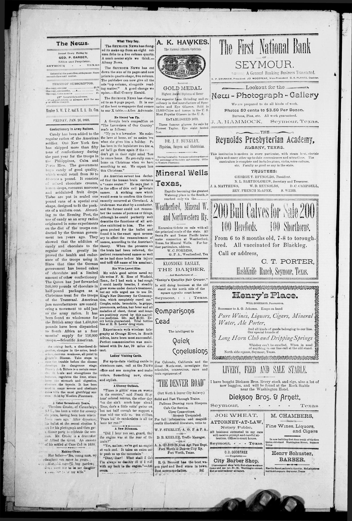 The Seymour News (Seymour, Tex.), Vol. 11, No. 10, Ed. 1 Friday, January 26, 1900
                                                
                                                    [Sequence #]: 2 of 8
                                                
