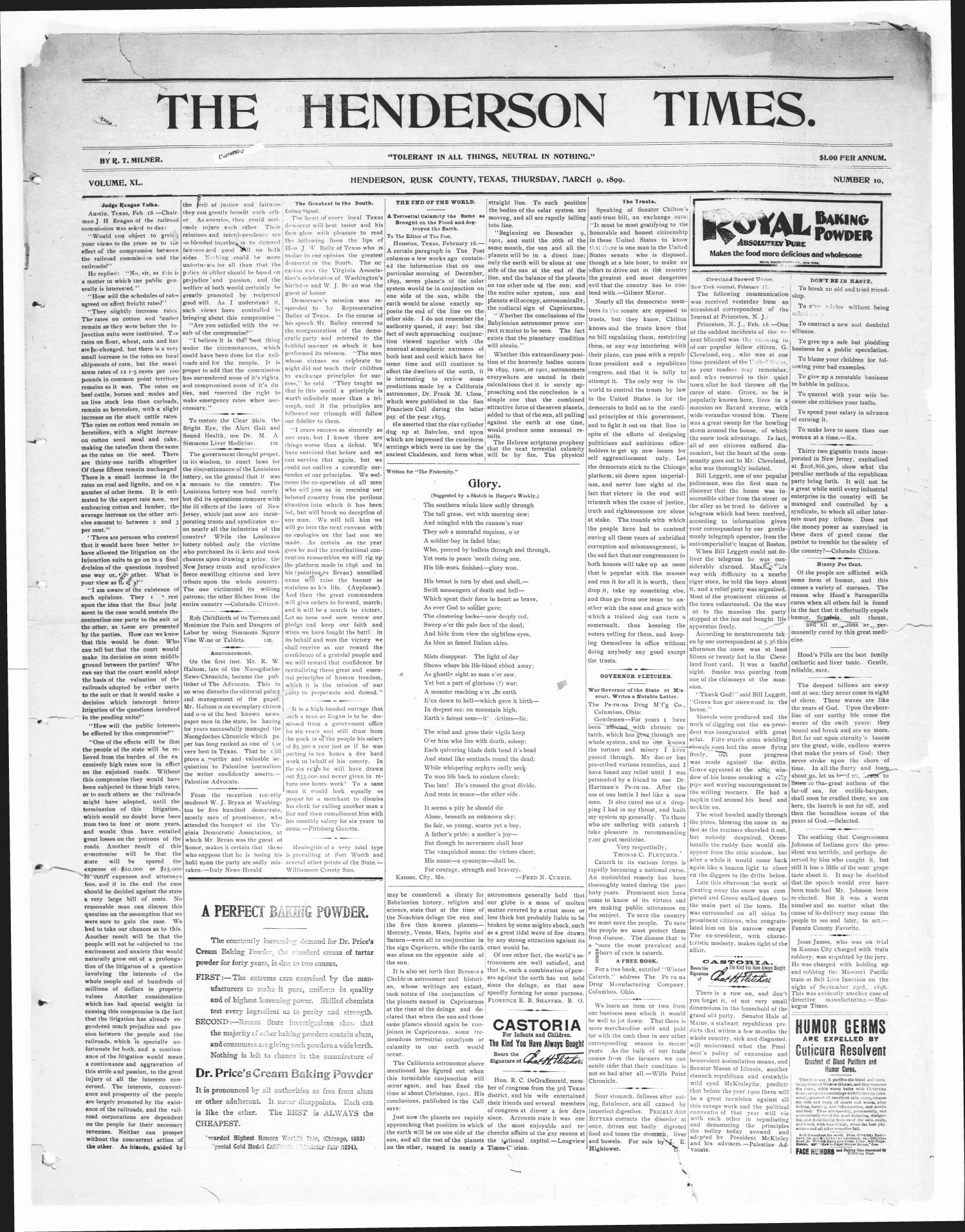 The Henderson Times.  (Henderson, Tex.), Vol. 40, No. 10, Ed. 1 Thursday, March 9, 1899
                                                
                                                    [Sequence #]: 1 of 4
                                                
