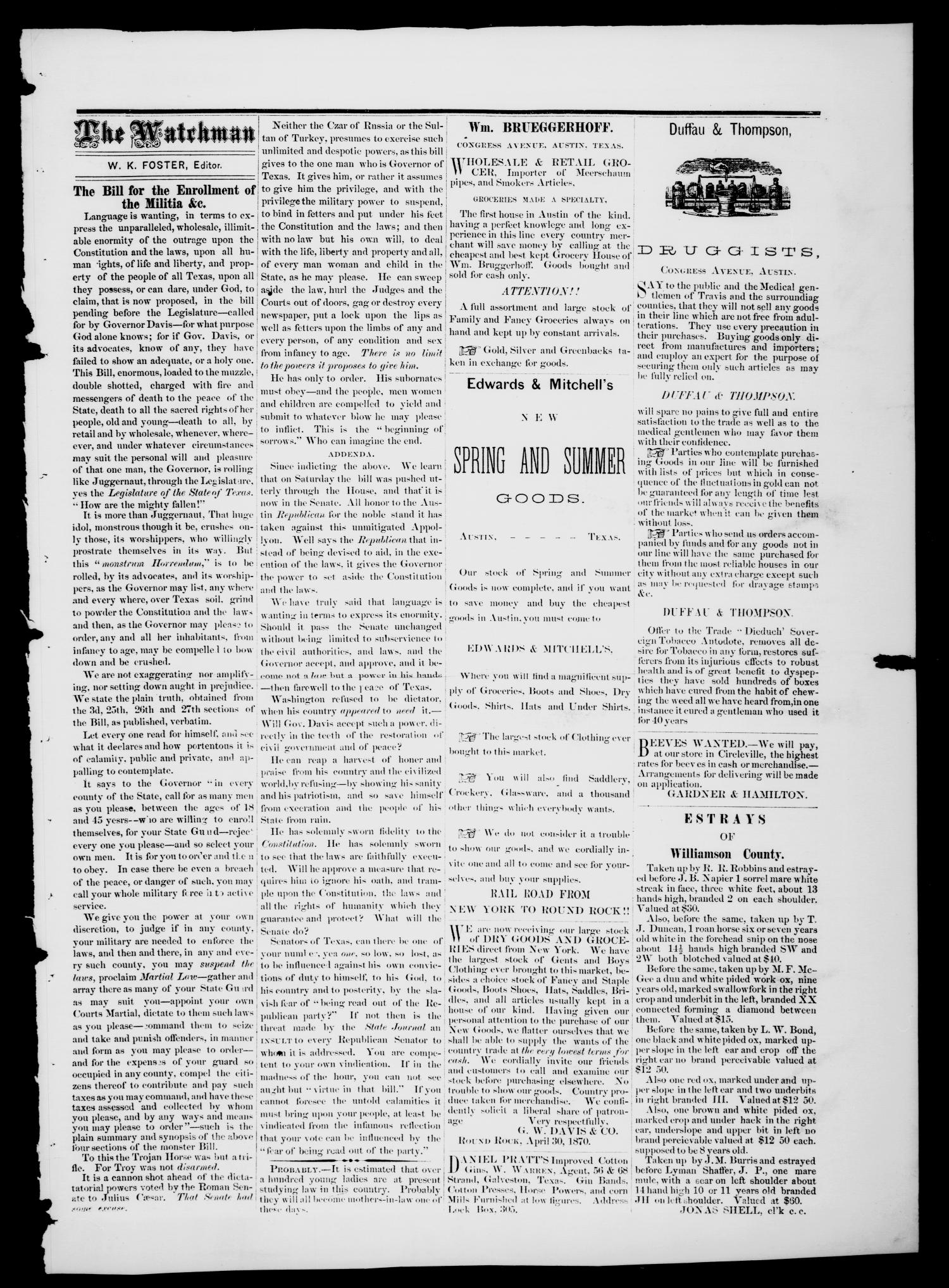 The Watchman (Georgetown, Tex.), Vol. 4, No. 6, Ed. 1 Saturday, May 28, 1870
                                                
                                                    [Sequence #]: 5 of 8
                                                