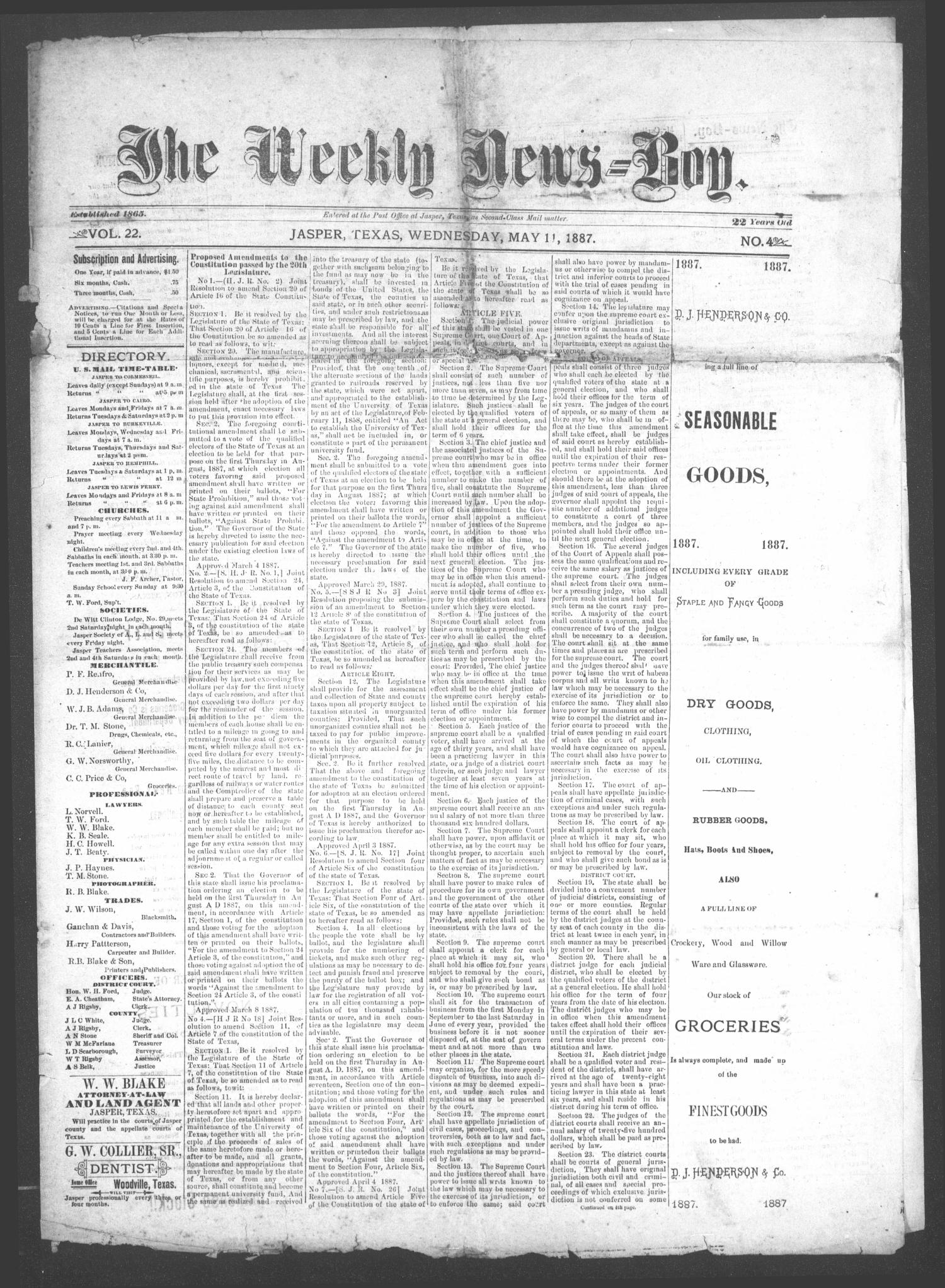The Weekly News=Boy, Vol. 22, No. 4, Ed. 1 Wednesday, May 11, 1887
                                                
                                                    [Sequence #]: 1 of 4
                                                