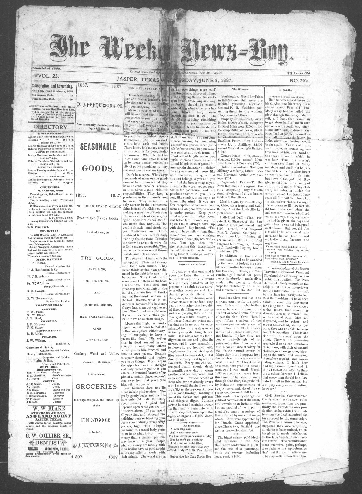 The Weekly News=Boy, Vol. 23, No. 2, Ed. 1 Wednesday, June 8, 1887
                                                
                                                    [Sequence #]: 1 of 4
                                                