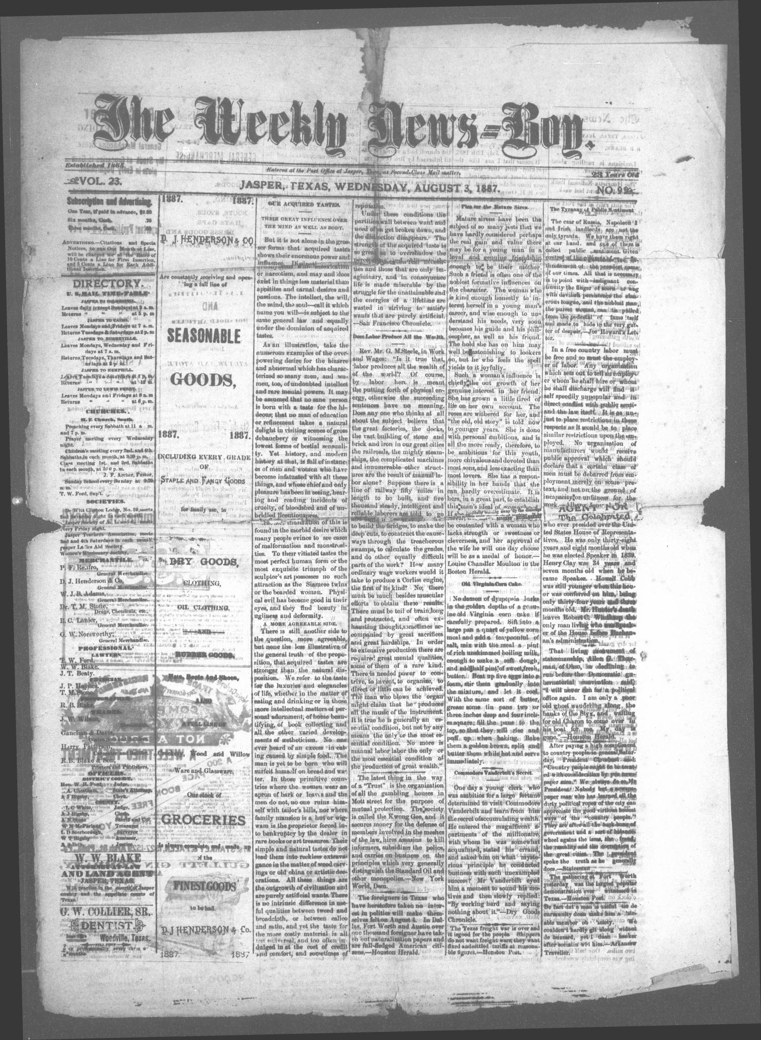 The Weekly News=Boy, Vol. 23, No. 9, Ed. 1 Wednesday, August 3, 1887
                                                
                                                    [Sequence #]: 1 of 4
                                                