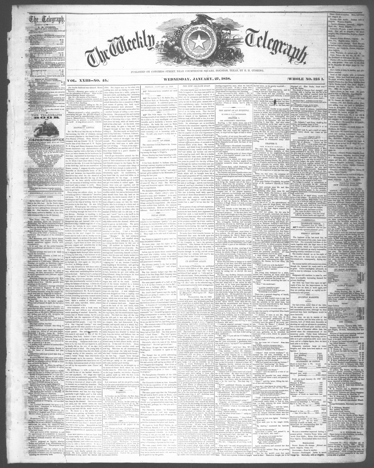 The Weekly Telegraph (Houston, Tex.), Vol. 23, No. 45, Ed. 1 Wednesday, January 27, 1858
                                                
                                                    [Sequence #]: 1 of 4
                                                