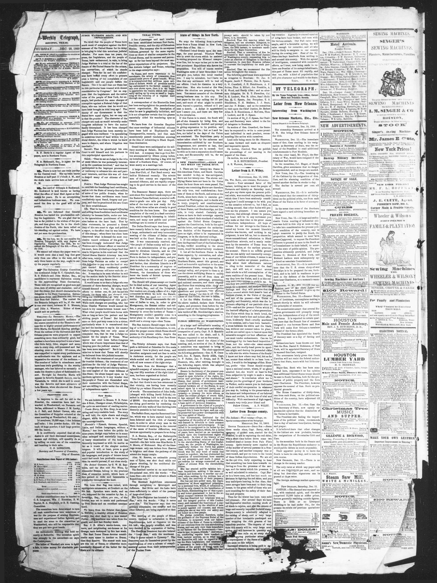 Tri-Weekly Telegraph (Houston, Tex.), Vol. 23, No. 48, Ed. 1 Thursday, December 20, 1860
                                                
                                                    [Sequence #]: 2 of 6
                                                