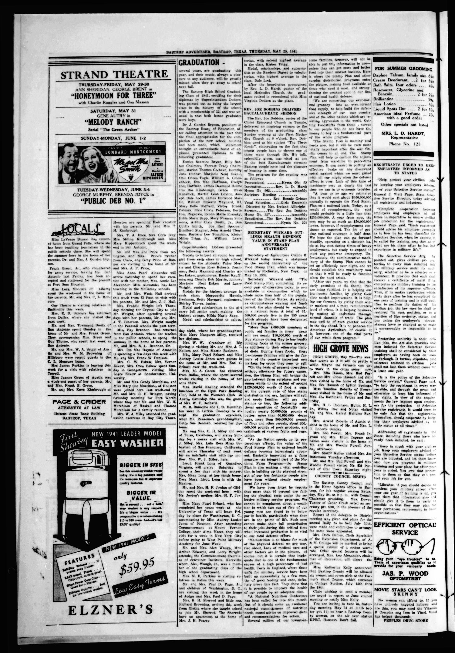 Bastrop Advertiser (Bastrop, Tex.), Vol. 88, No. 11, Ed. 1 Thursday, May 29, 1941
                                                
                                                    [Sequence #]: 4 of 4
                                                
