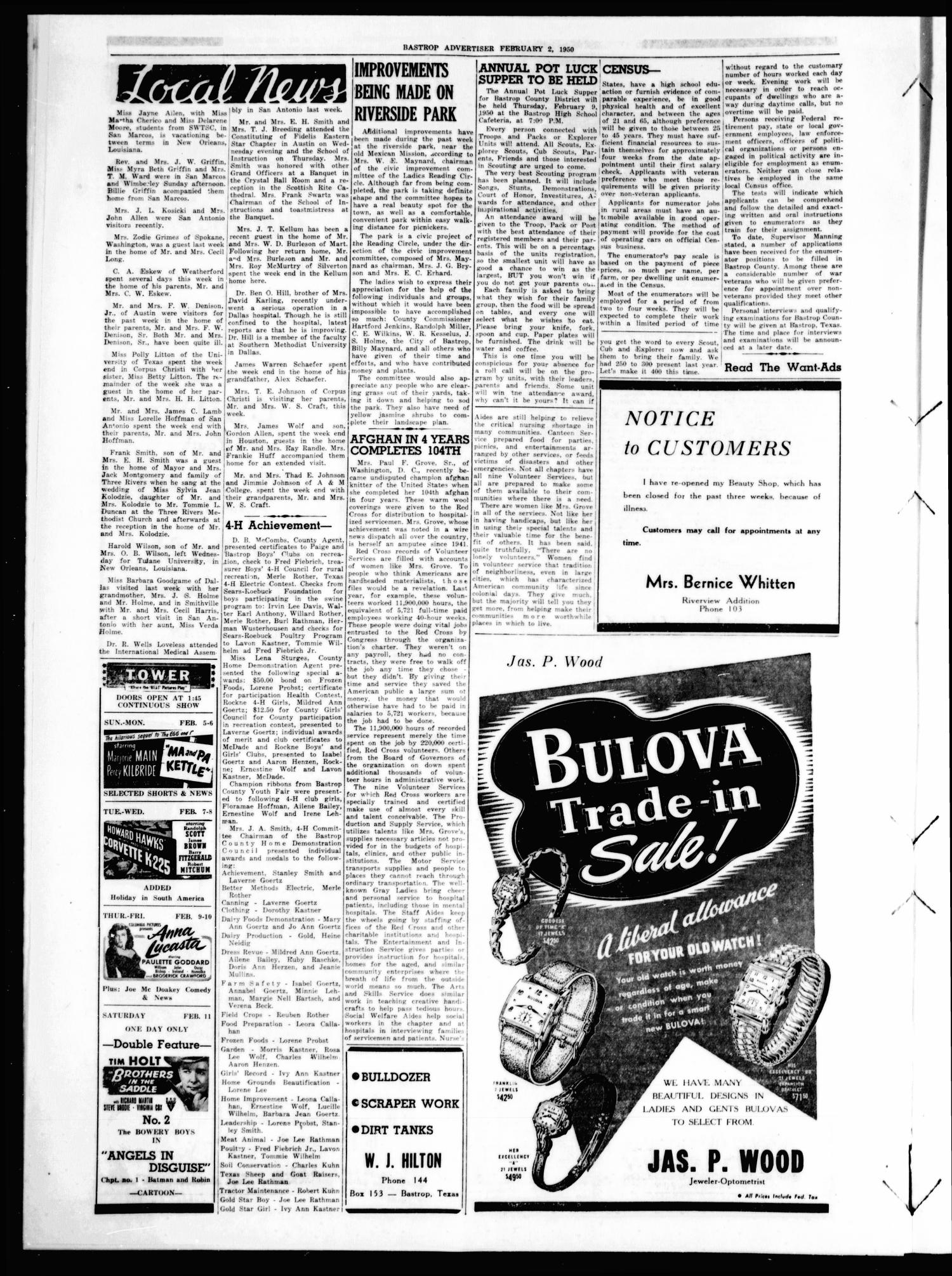 Bastrop Advertiser (Bastrop, Tex.), Vol. 97, No. 49, Ed. 1 Thursday, February 2, 1950
                                                
                                                    [Sequence #]: 8 of 8
                                                
