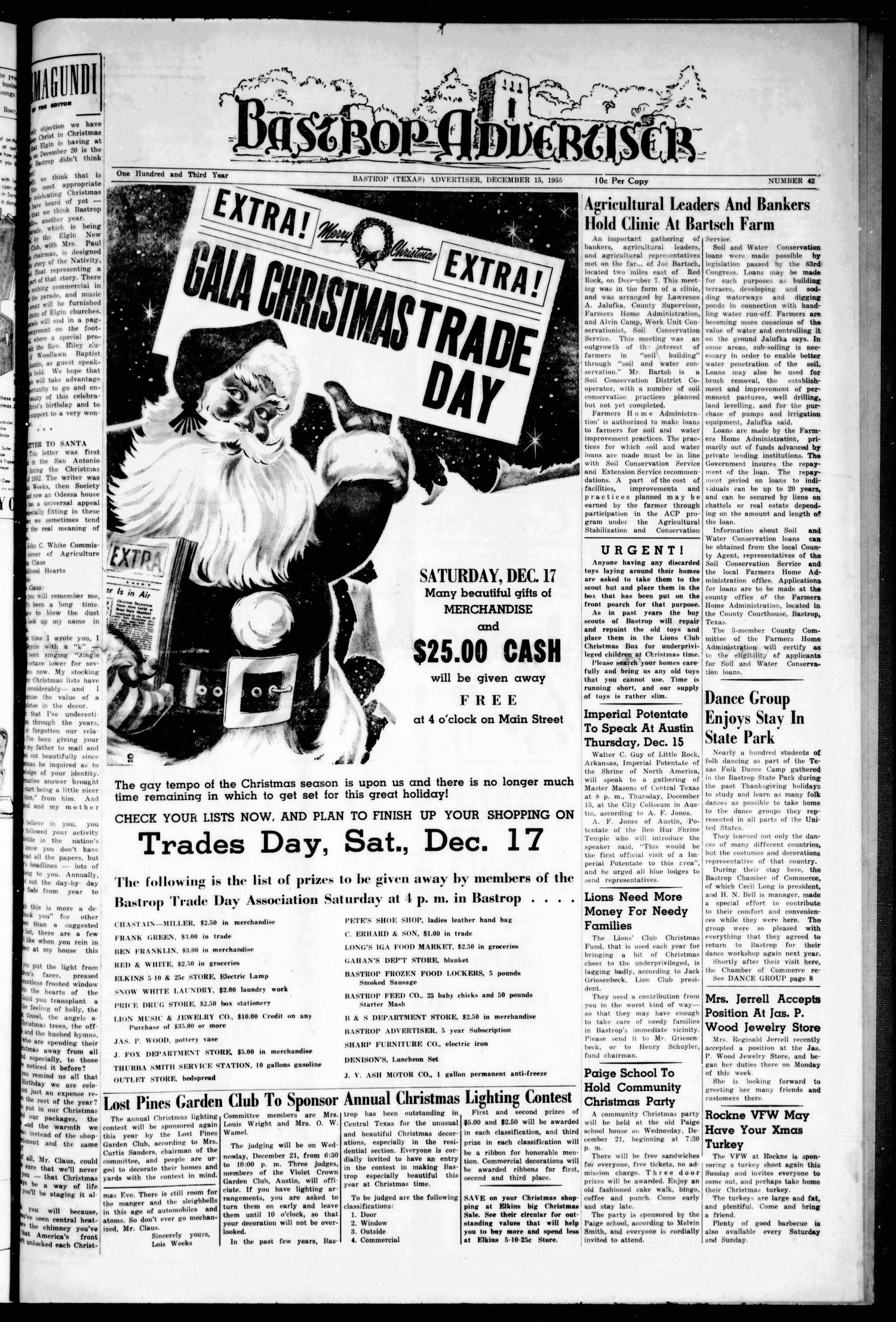 Bastrop Advertiser (Bastrop, Tex.), Vol. 103, No. 42, Ed. 1 Thursday, December 15, 1955
                                                
                                                    [Sequence #]: 1 of 8
                                                