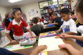 Primary view of [Students sit in groups in a thrid grade class in Crockett Elementary]