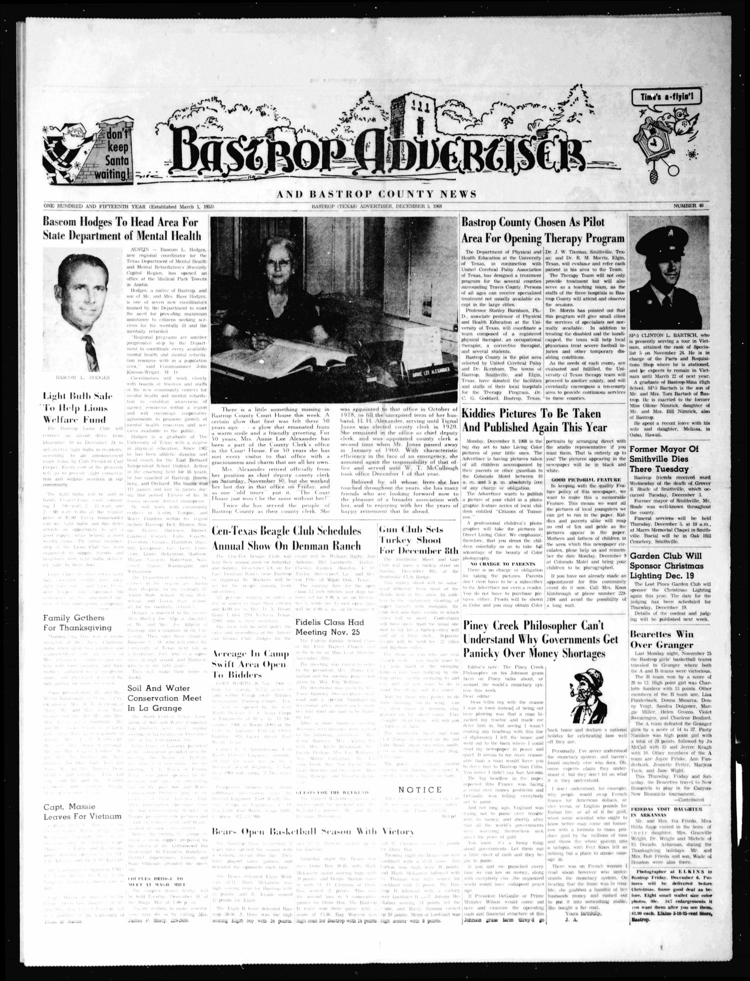 Bastrop Advertiser and Bastrop County News (Bastrop, Tex.), Vol. 115, No. 40, Ed. 1 Thursday, December 5, 1968
                                                
                                                    [Sequence #]: 1 of 8
                                                
