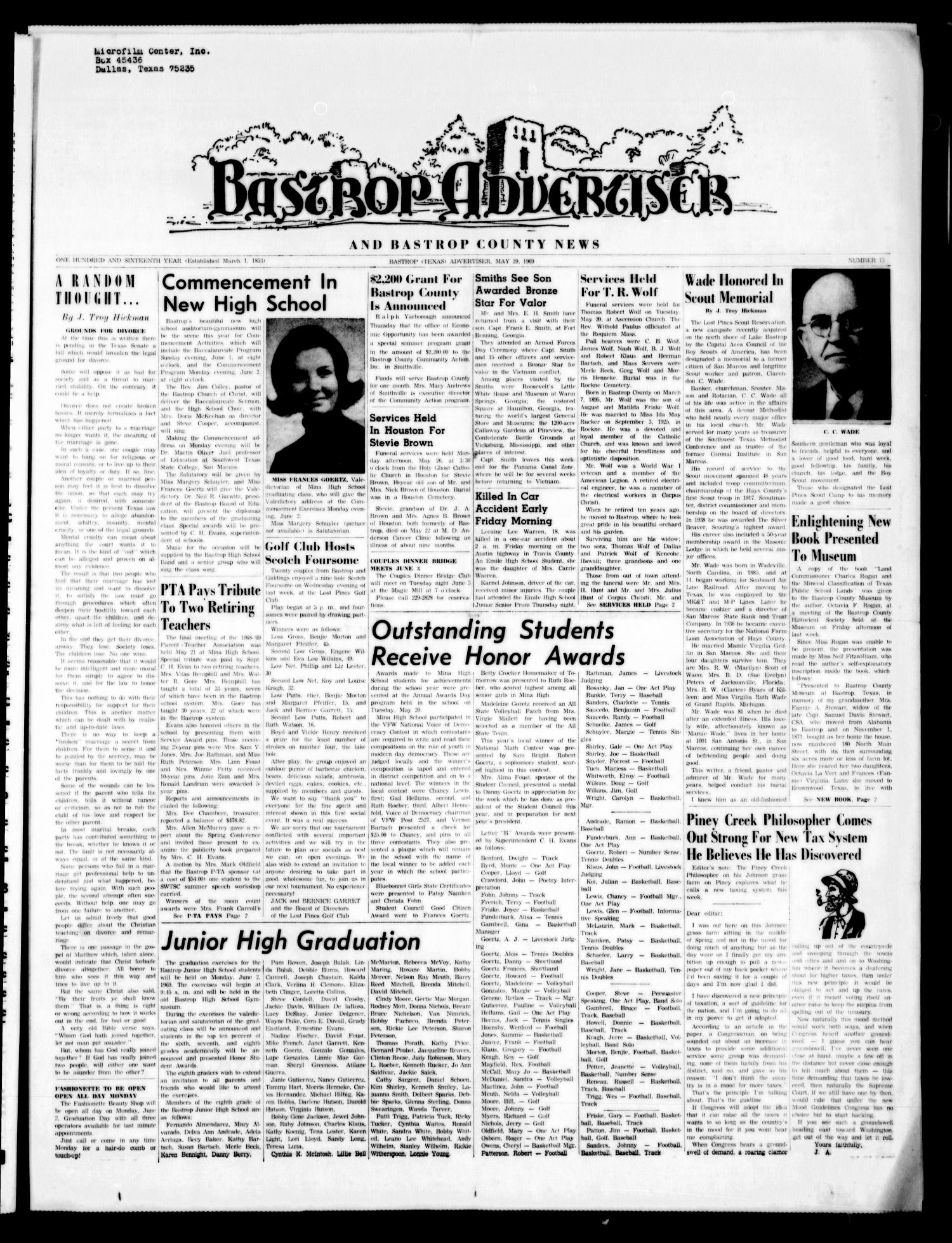Bastrop Advertiser and Bastrop County News (Bastrop, Tex.), Vol. 116, No. 13, Ed. 1 Thursday, May 29, 1969
                                                
                                                    [Sequence #]: 1 of 8
                                                