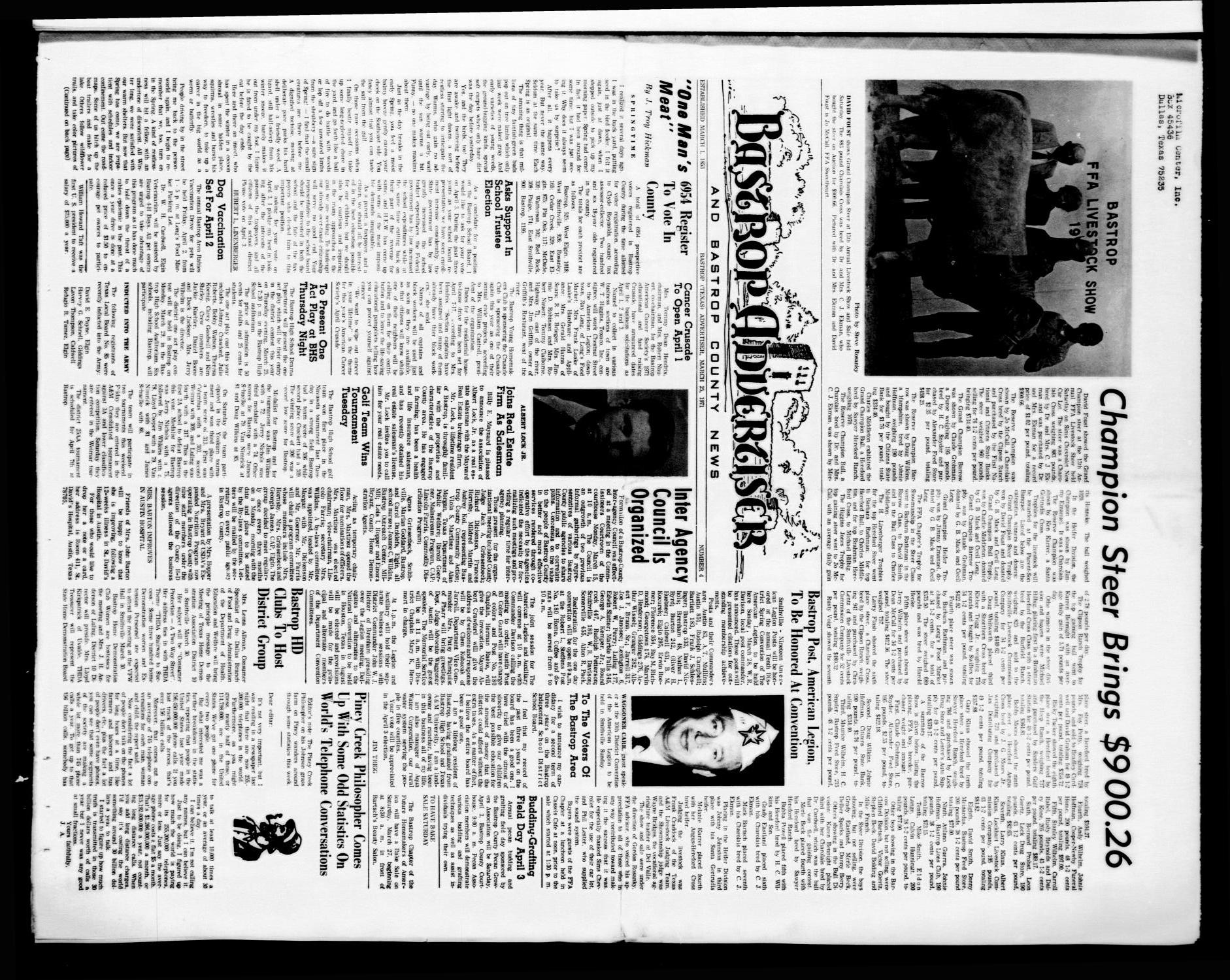 Bastrop Advertiser and Bastrop County News (Bastrop, Tex.), Vol. [118], No. 4, Ed. 1 Thursday, March 25, 1971
                                                
                                                    [Sequence #]: 1 of 12
                                                