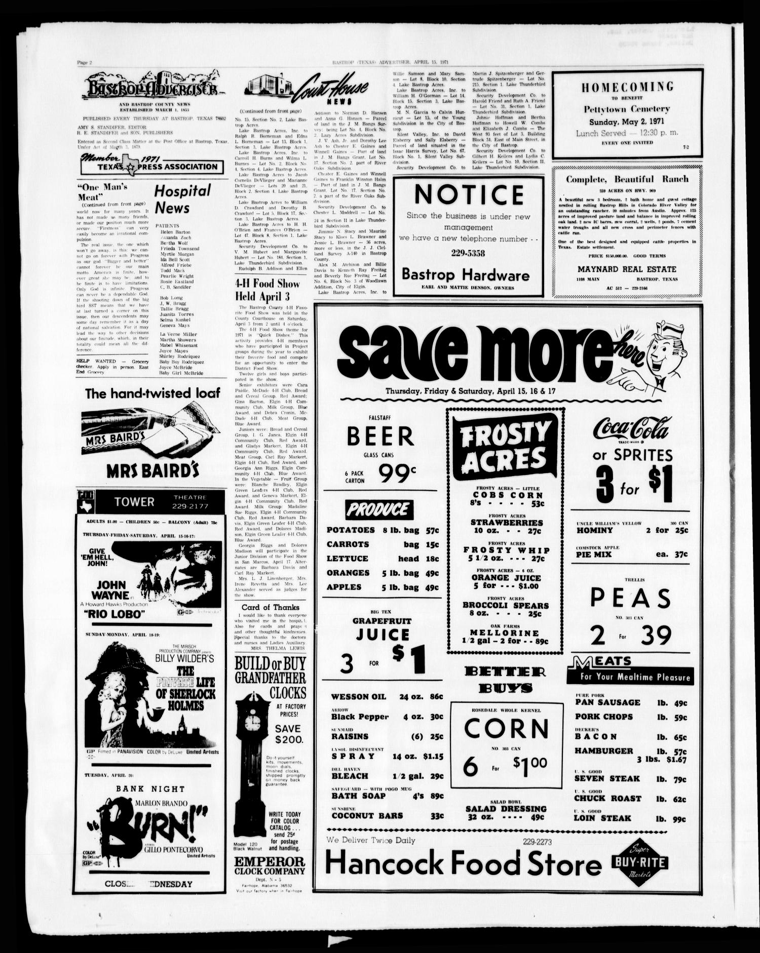 Bastrop Advertiser and Bastrop County News (Bastrop, Tex.), Vol. [118], No. 7, Ed. 1 Thursday, April 15, 1971
                                                
                                                    [Sequence #]: 2 of 16
                                                