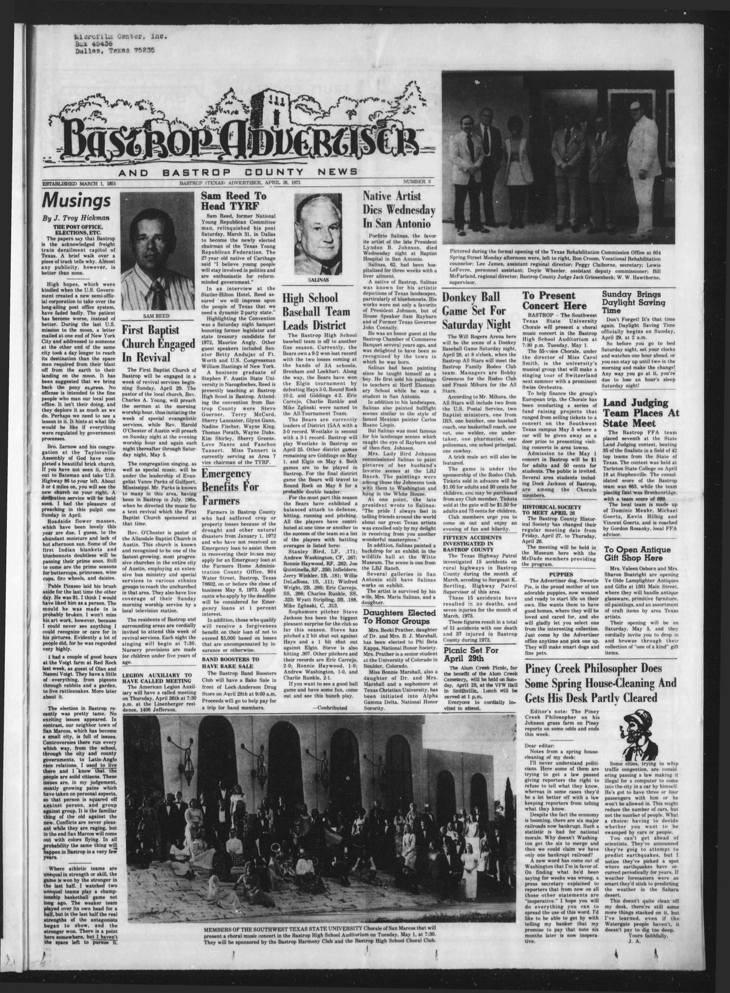 Bastrop Advertiser and Bastrop County News (Bastrop, Tex.), Vol. [120], No. 9, Ed. 1 Thursday, April 26, 1973
                                                
                                                    [Sequence #]: 1 of 12
                                                