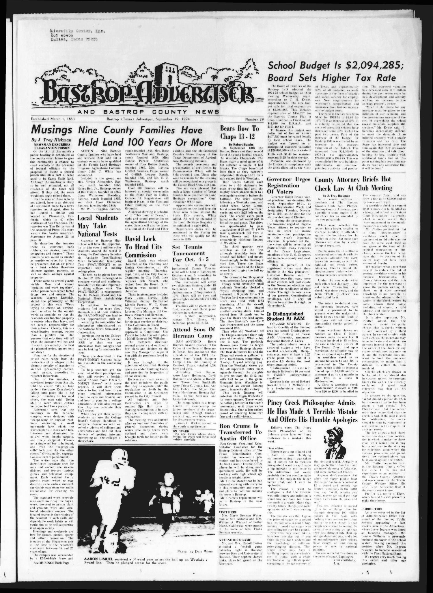 Bastrop Advertiser and Bastrop County News (Bastrop, Tex.), Vol. [121], No. 29, Ed. 1 Thursday, September 19, 1974
                                                
                                                    [Sequence #]: 1 of 12
                                                