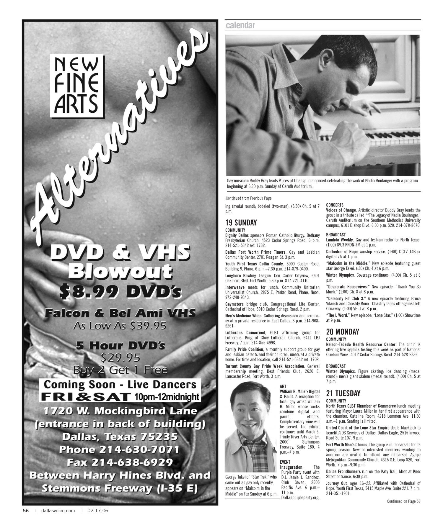 Dallas Voice (Dallas, Tex.), Vol. 22, No. 40, Ed. 1 Friday, February 17, 2006
                                                
                                                    [Sequence #]: 56 of 72
                                                