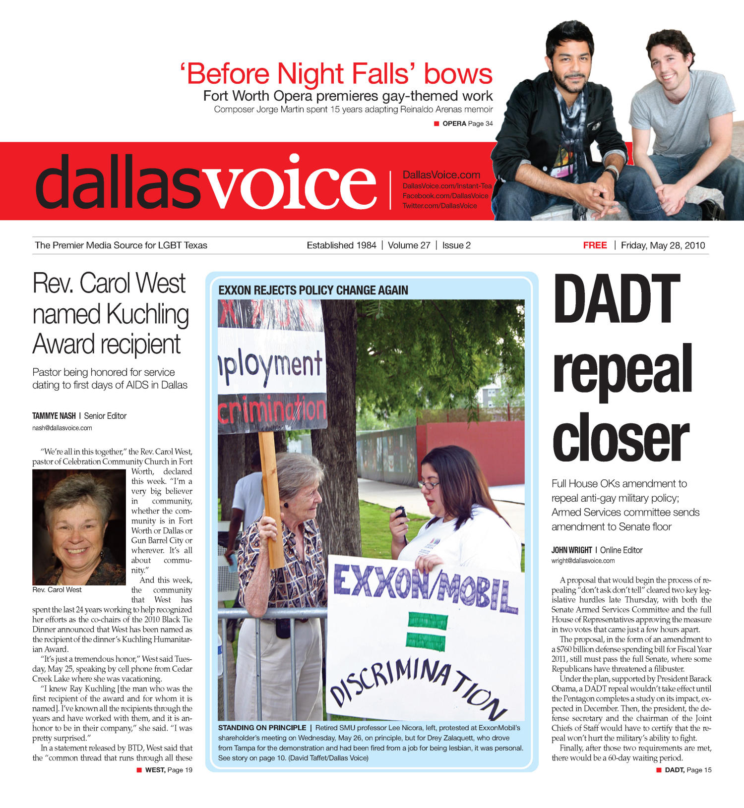 Dallas Voice (Dallas, Tex.), Vol. 27, No. 2, Ed. 1 Friday, May 28, 2010
                                                
                                                    [Sequence #]: 1 of 68
                                                