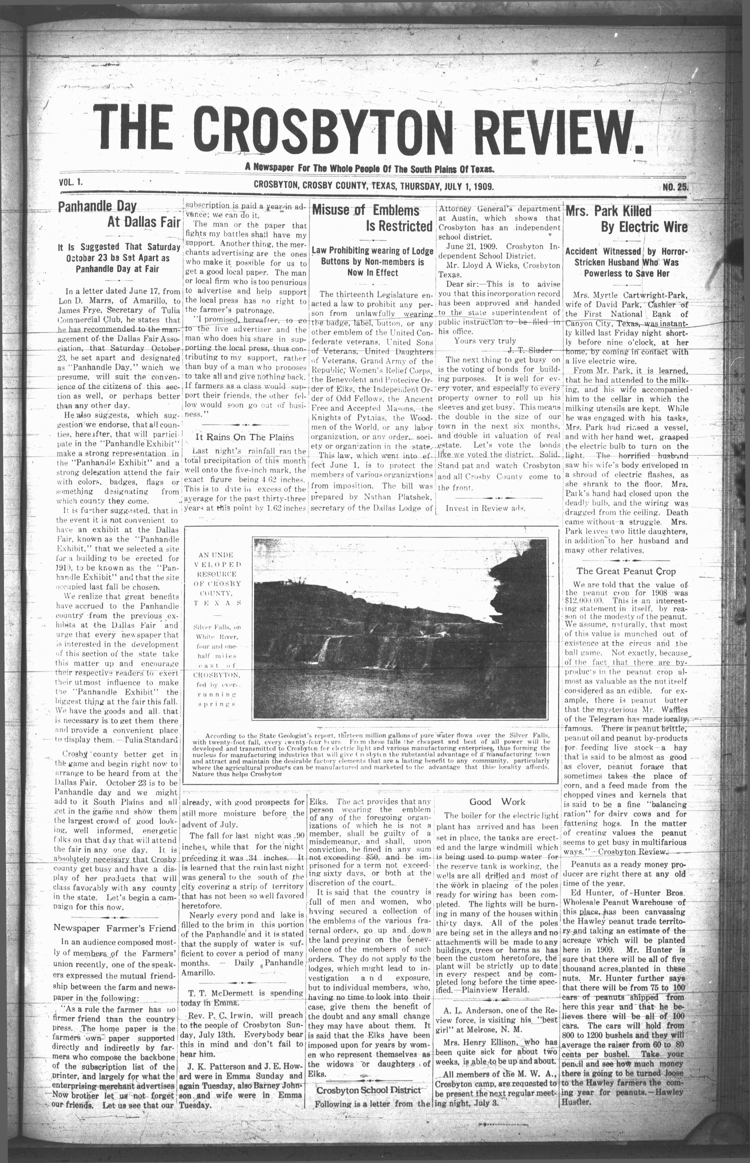 The Crosbyton Review. (Crosbyton, Tex.), Vol. 1, No. 25, Ed. 1 Thursday, July 1, 1909
                                                
                                                    [Sequence #]: 1 of 8
                                                