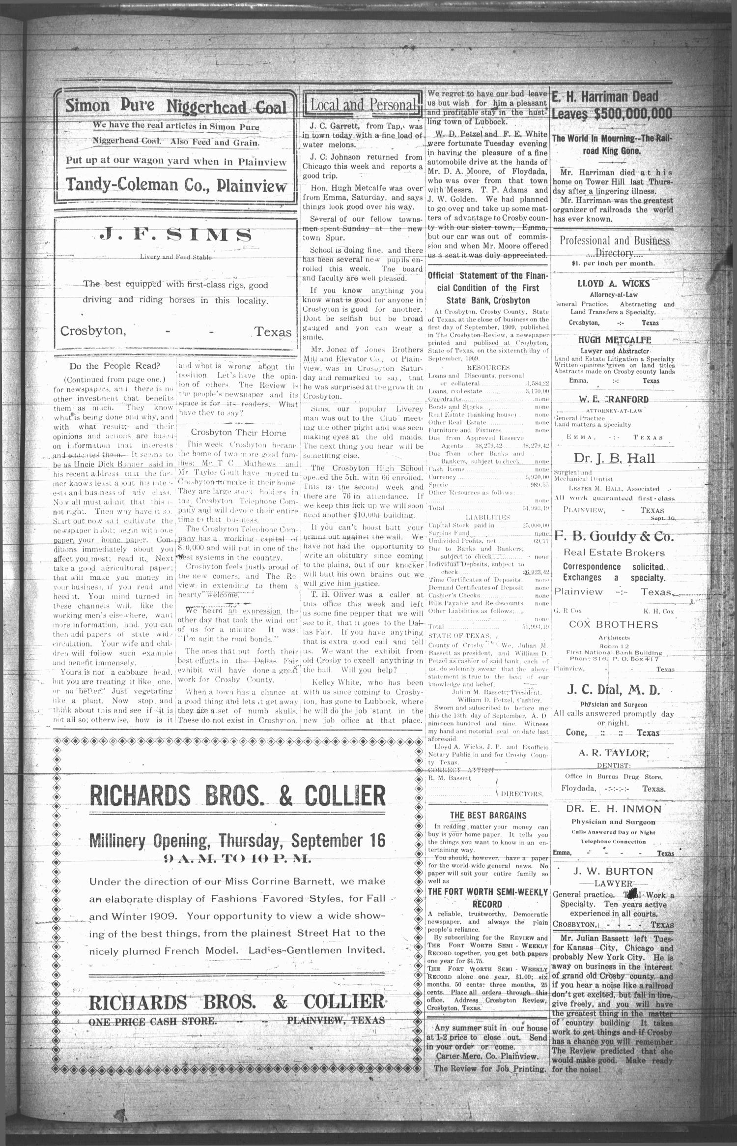 The Crosbyton Review. (Crosbyton, Tex.), Vol. 1, No. 36, Ed. 1 Thursday, September 16, 1909
                                                
                                                    [Sequence #]: 3 of 8
                                                