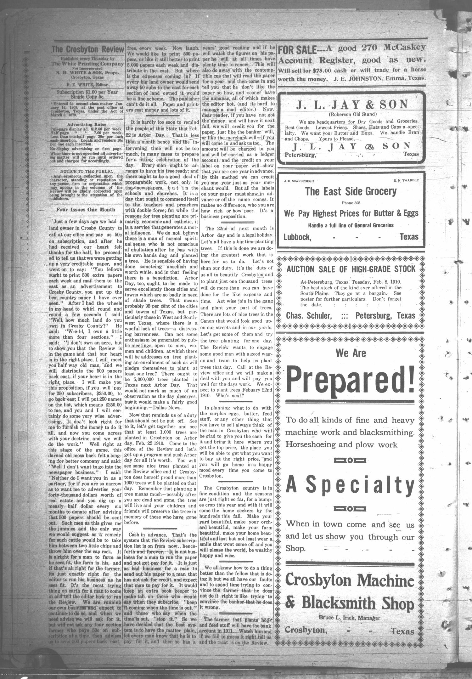 The Crosbyton Review. (Crosbyton, Tex.), Vol. 2, No. 4, Ed. 1 Thursday, February 3, 1910
                                                
                                                    [Sequence #]: 4 of 10
                                                