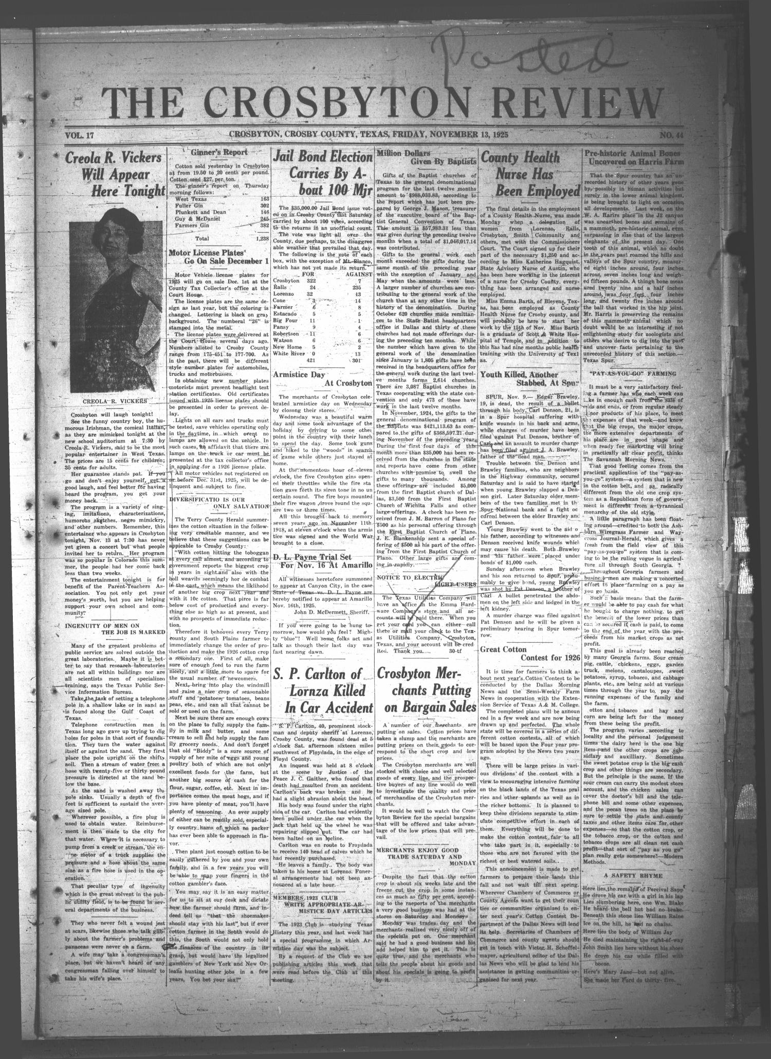 The Crosbyton Review. (Crosbyton, Tex.), Vol. 17, No. 44, Ed. 1 Friday, November 13, 1925
                                                
                                                    [Sequence #]: 1 of 10
                                                
