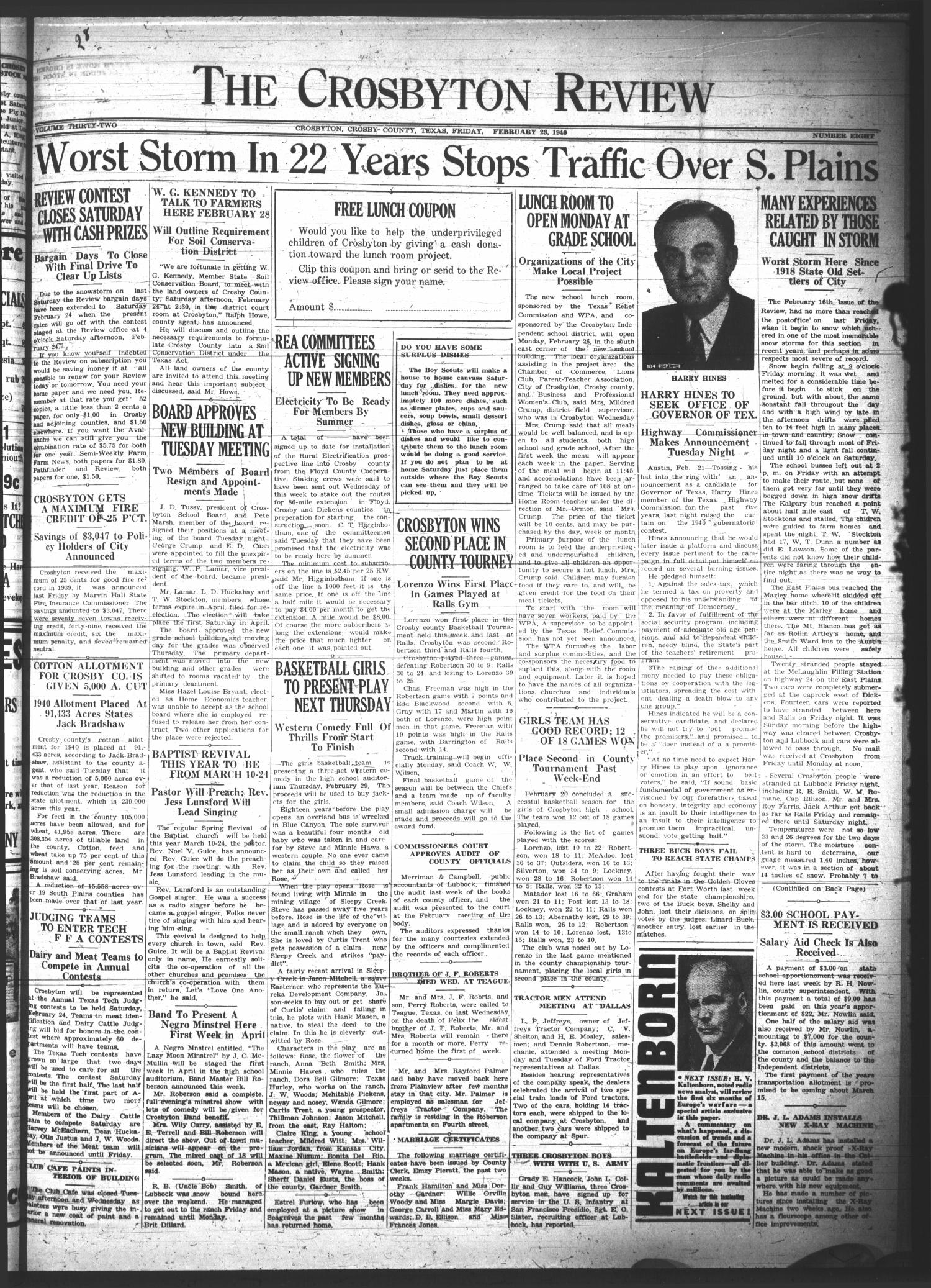 The Crosbyton Review. (Crosbyton, Tex.), Vol. 32, No. 8, Ed. 1 Friday, February 23, 1940
                                                
                                                    [Sequence #]: 1 of 8
                                                