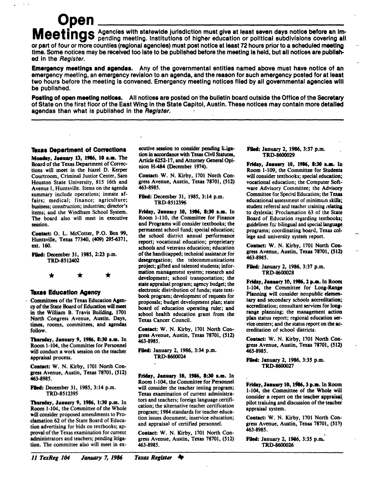 Texas Register, Volume 11, Number 2, Pages 81-106, January 7, 1986
                                                
                                                    104
                                                