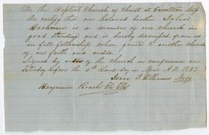 Primary view of object titled '[Letter of Standing for John Bachman from Carrollton Baptist Church, April, 1857]'.