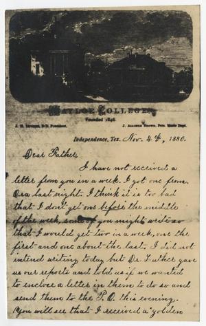 Primary view of object titled '[Letter from Gertrude Osterhout to John Patterson Osterhout, November 4, 1880]'.