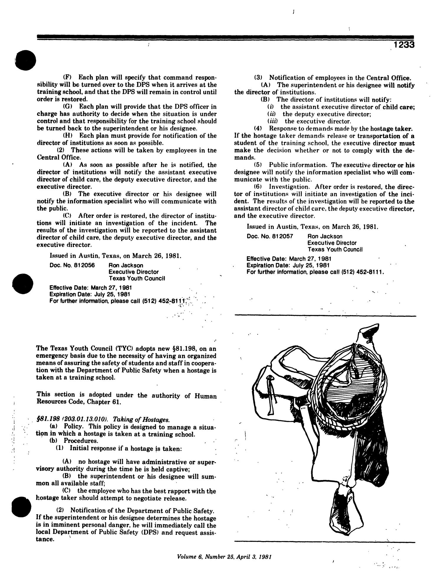 Texas Register, Volume 6, Number 25, Pages 1223-1276, April 3, 1981
                                                
                                                    1233
                                                
