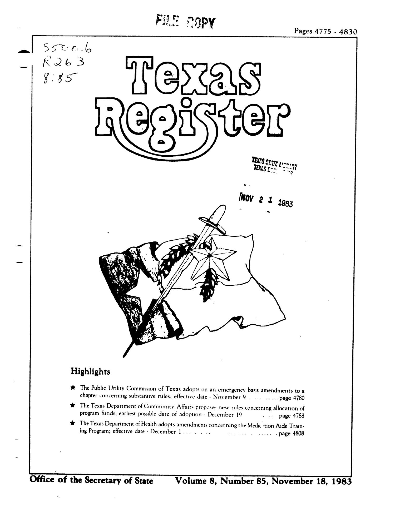 Texas Register, Volume 8, Number 85, Pages 4775-4830, November 18, 1983
                                                
                                                    Title Page
                                                