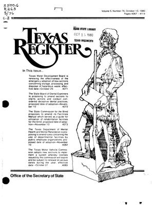 Primary view of object titled 'Texas Register, Volume 5, Number 76, Pages 4067-4114, October 10, 1980'.