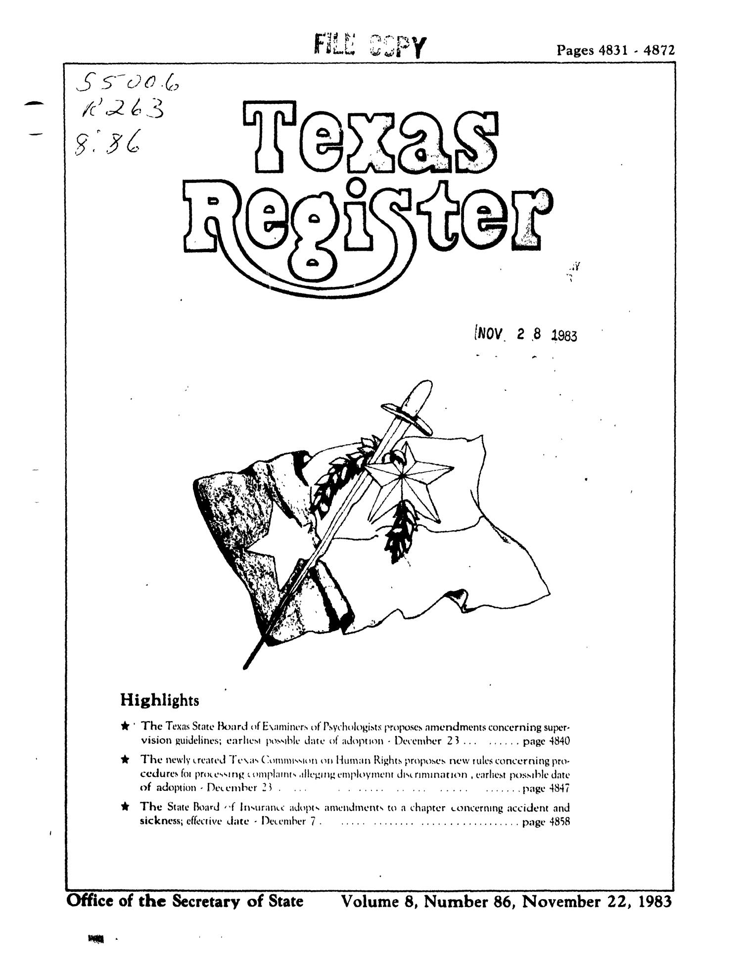 Texas Register, Volume 8, Number 86, Pages 4831-4872, November 22, 1983
                                                
                                                    Title Page
                                                