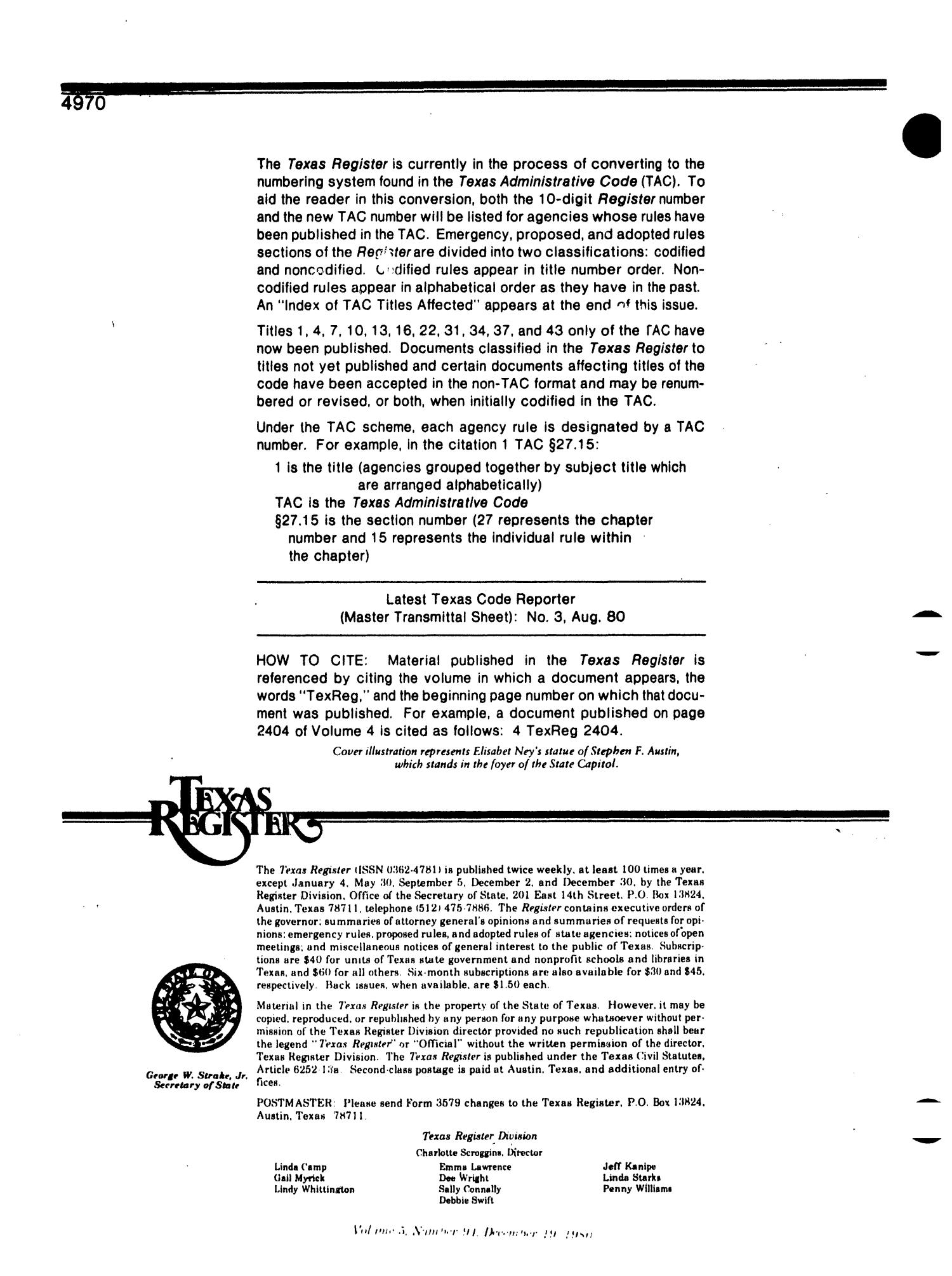 Texas Register, Volume 5, Number 94, Pages 4969-5006, December 19, 1980
                                                
                                                    4970
                                                
