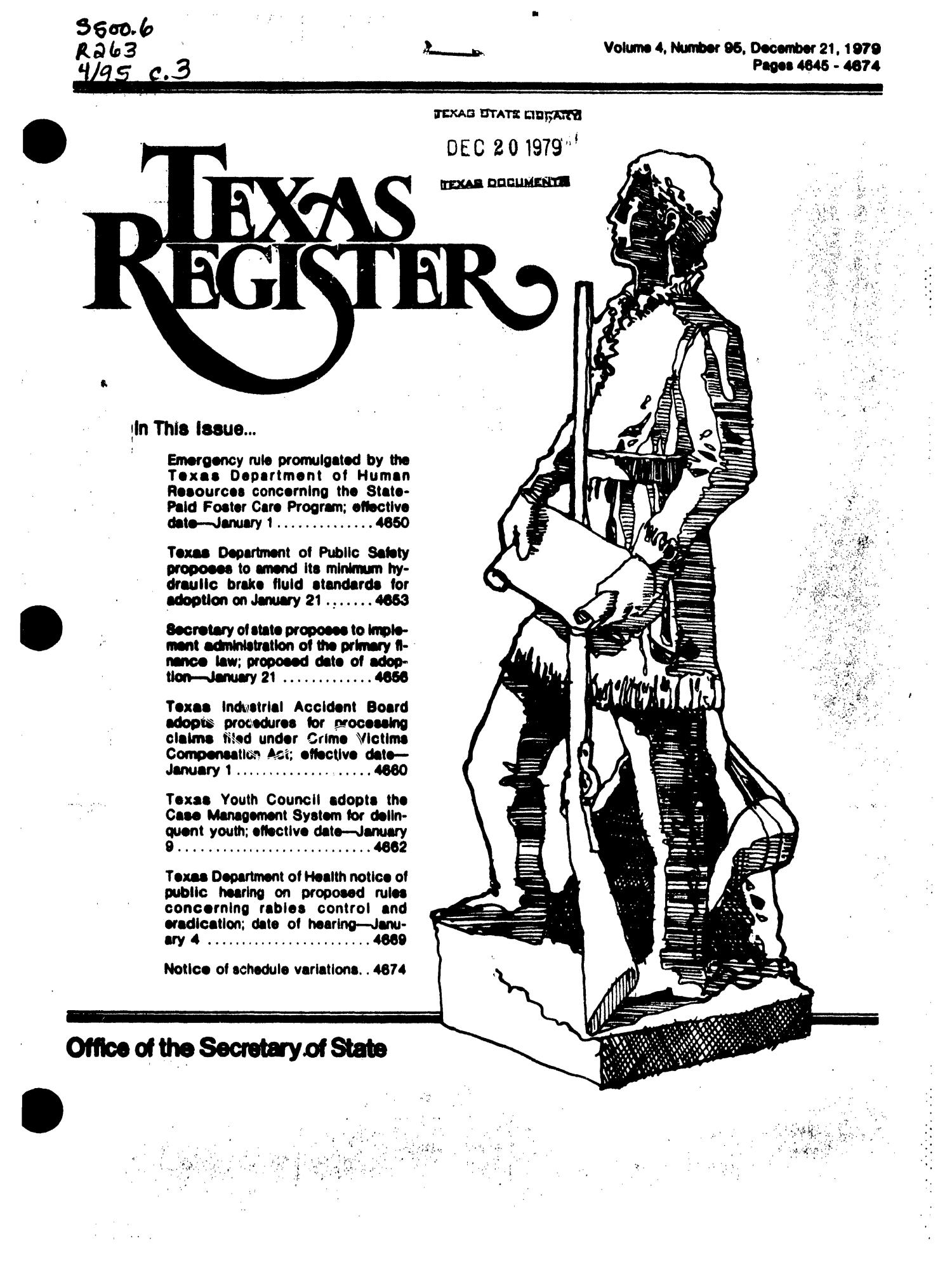 Texas Register, Volume 4, Number 95, Pages 4845-4874, December 21, 1979
                                                
                                                    Title Page
                                                
