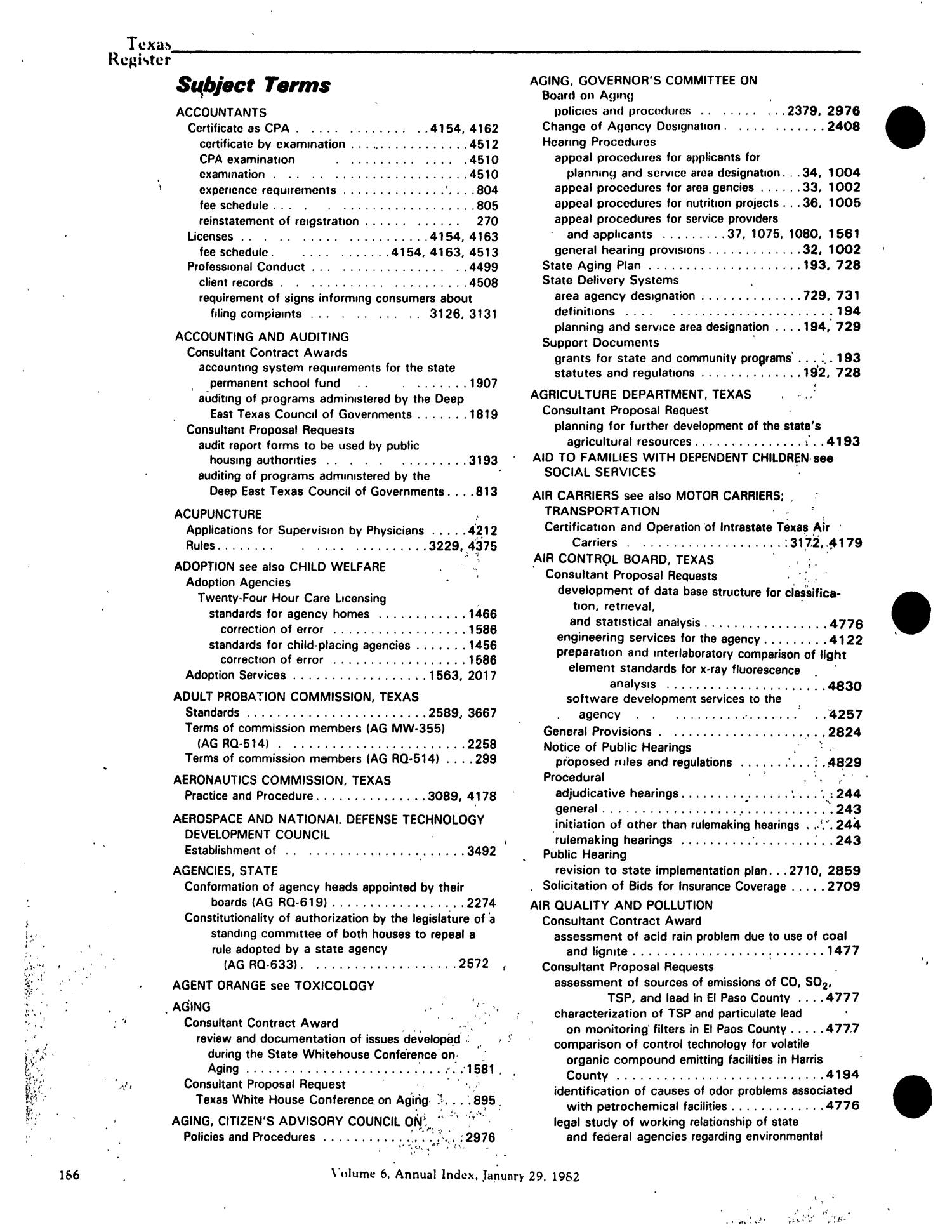 Texas Register, Volume 6, Annual Index, Pages 137-235, January 29, 1981
                                                
                                                    186
                                                