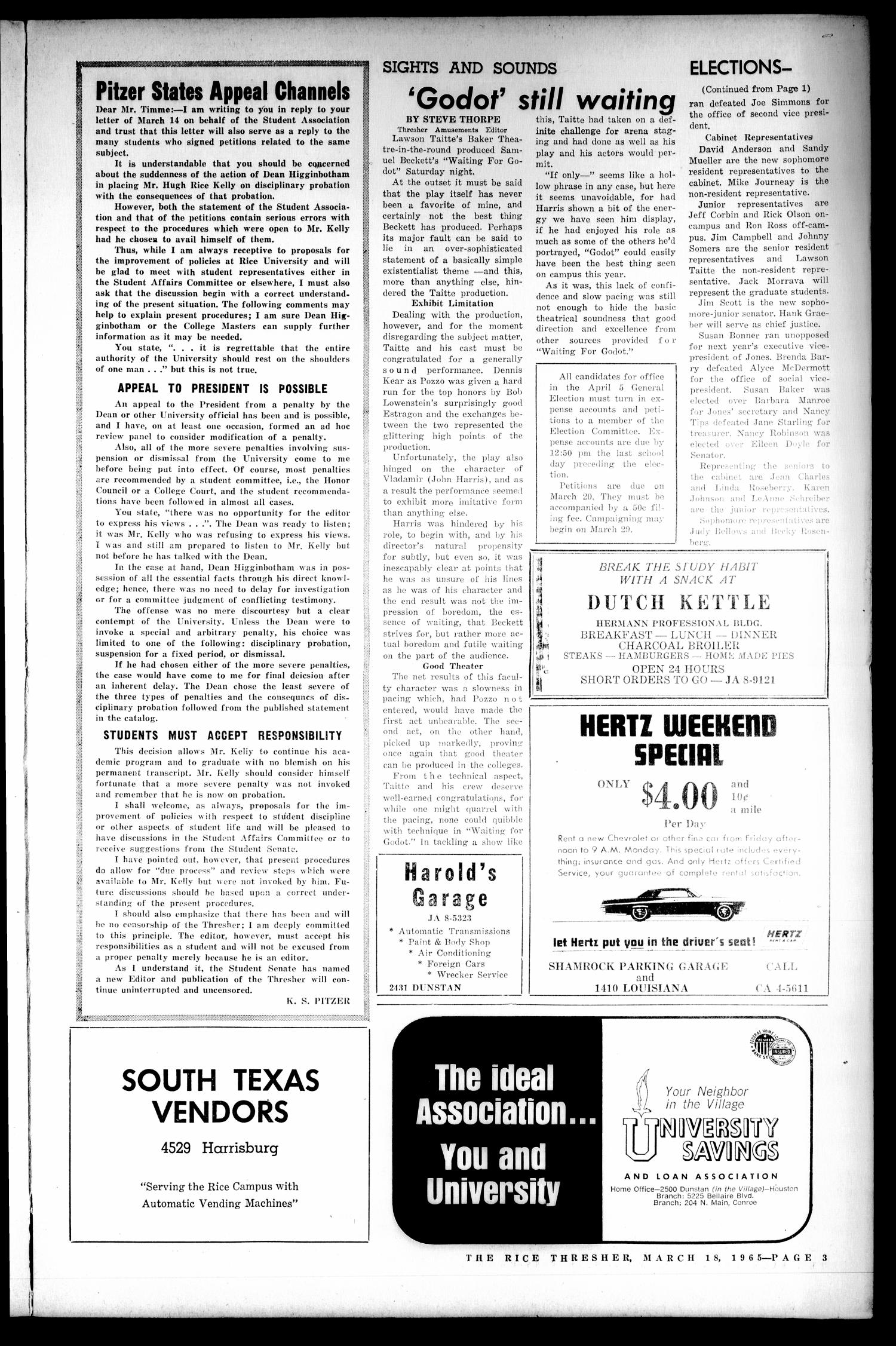 The Rice Thresher (Houston, Tex.), Vol. 52, No. 23, Ed. 1 Thursday, March 18, 1965
                                                
                                                    [Sequence #]: 3 of 8
                                                