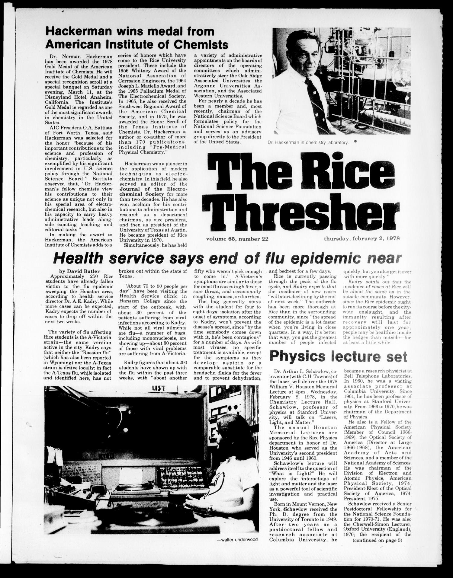 The Rice Thresher (Houston, Tex.), Vol. 65, No. 22, Ed. 1 Thursday, February 2, 1978
                                                
                                                    [Sequence #]: 1 of 20
                                                