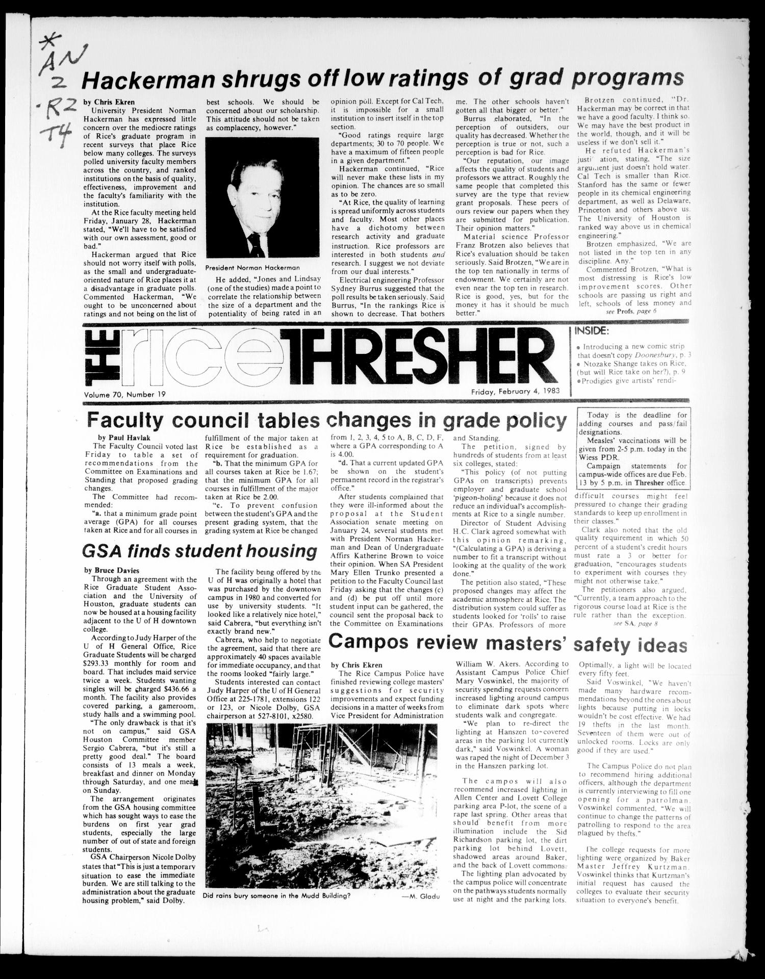 The Rice Thresher (Houston, Tex.), Vol. 70, No. 19, Ed. 1 Friday, February 4, 1983
                                                
                                                    [Sequence #]: 1 of 20
                                                