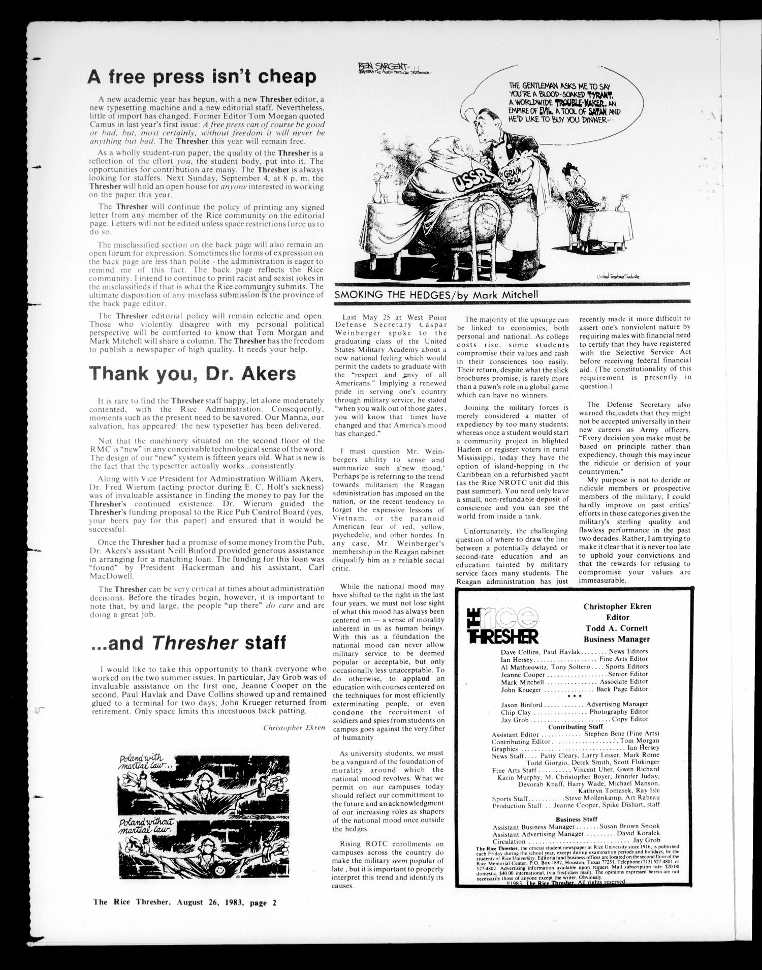 The Rice Thresher (Houston, Tex.), Vol. 71, No. 2, Ed. 1 Friday, August 26, 1983
                                                
                                                    [Sequence #]: 2 of 12
                                                