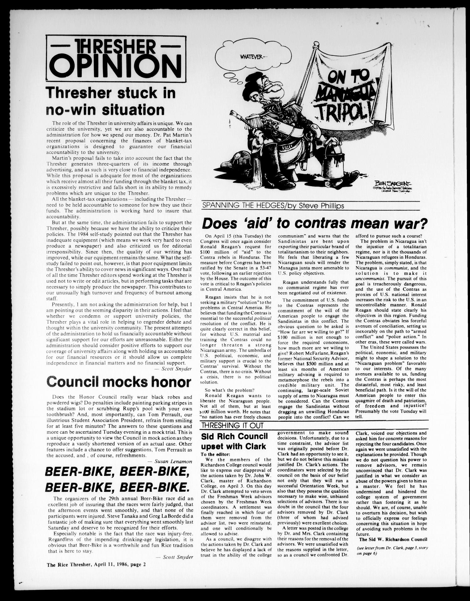 The Rice Thresher (Houston, Tex.), Vol. 73, No. 29, Ed. 1 Friday, April 11, 1986
                                                
                                                    [Sequence #]: 2 of 20
                                                