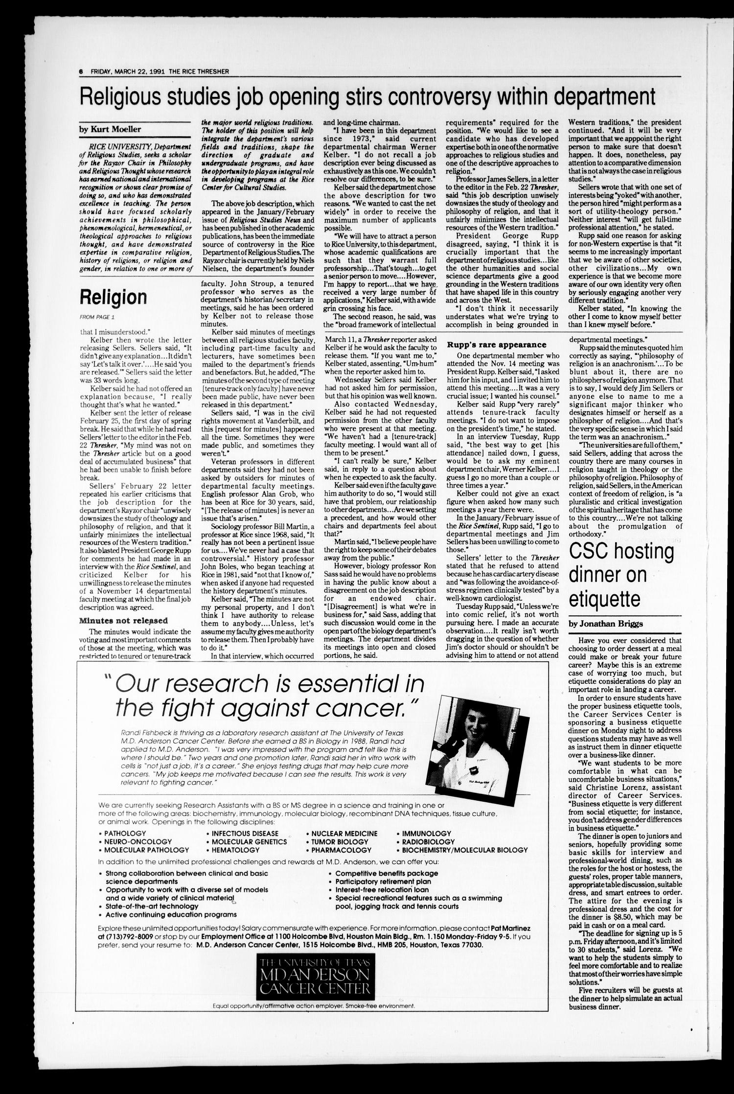 The Rice Thresher (Houston, Tex.), Vol. 78, No. 29, Ed. 1 Friday, March 22, 1991
                                                
                                                    [Sequence #]: 6 of 20
                                                
