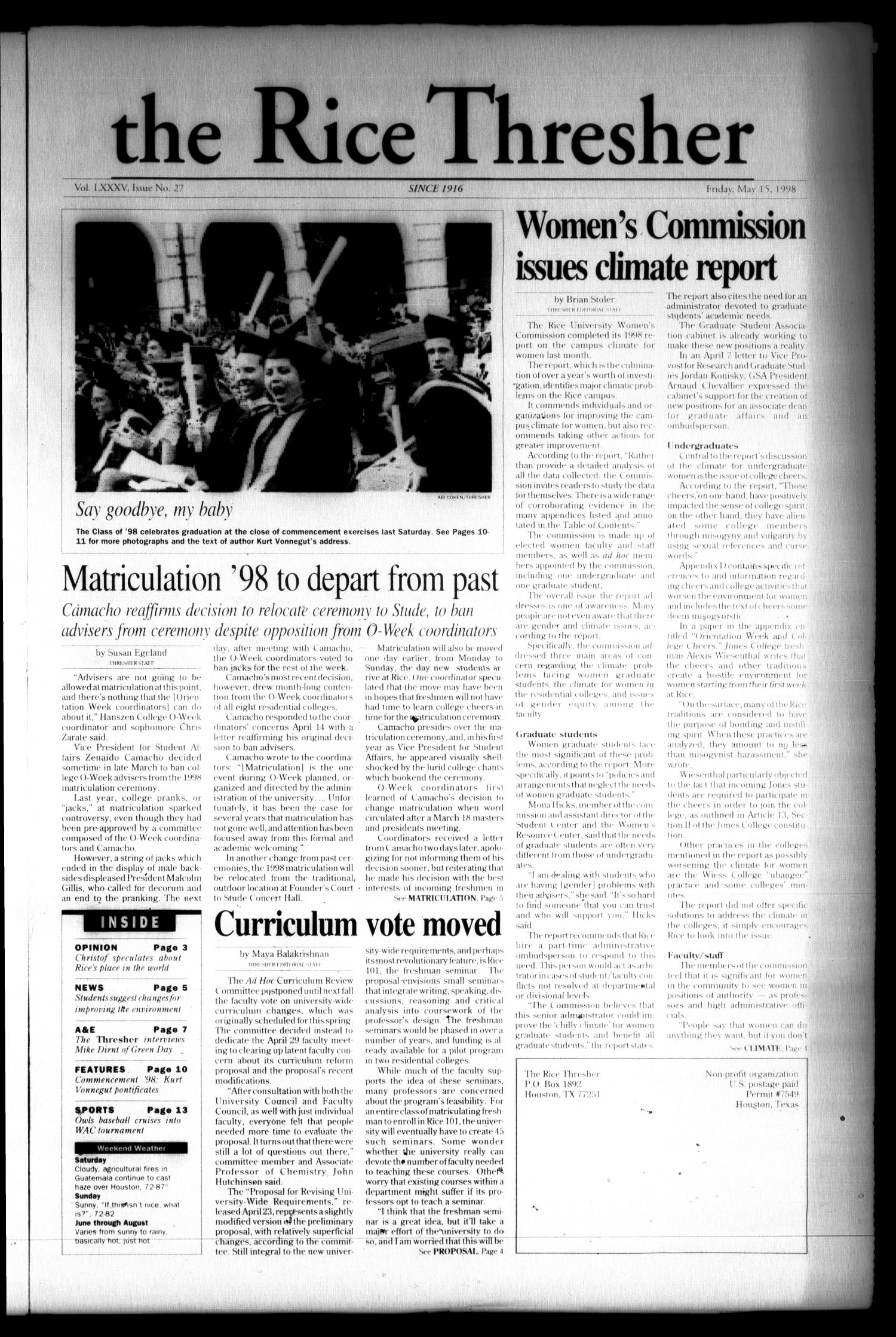 The Rice Thresher (Houston, Tex.), Vol. 85, No. 27, Ed. 1 Friday, May 15, 1998
                                                
                                                    [Sequence #]: 1 of 20
                                                