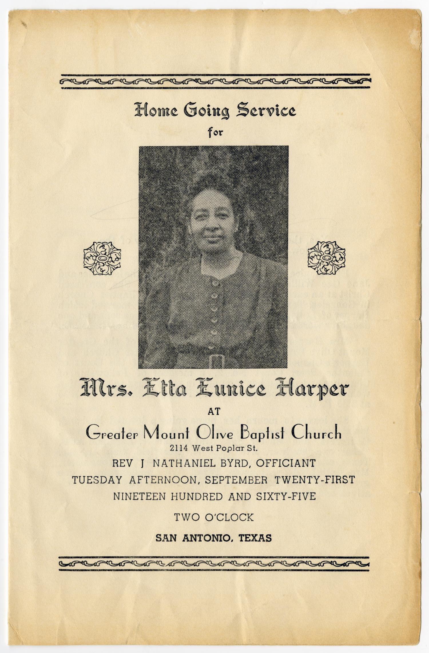 [Funeral Program for Etta Eunice Harper, September 21, 1965]
                                                
                                                    [Sequence #]: 1 of 3
                                                